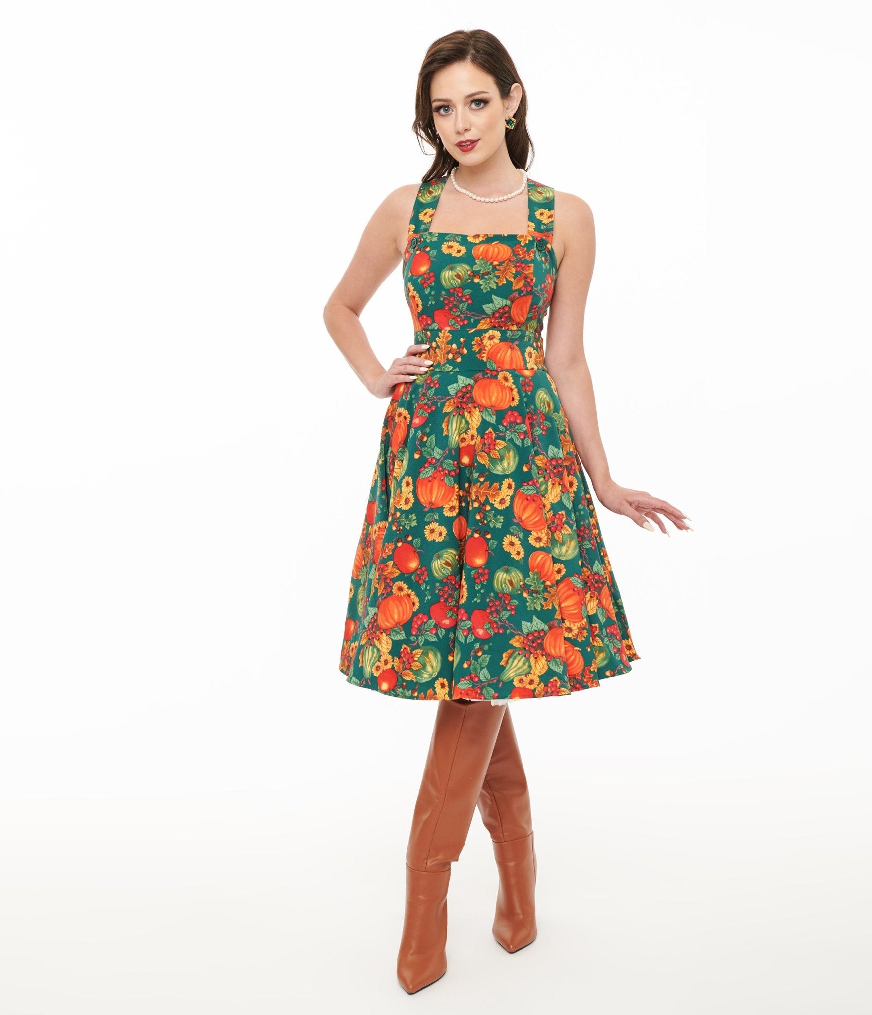 Hell Bunny 1950s Green & Orange Leaf Pinafore Swing Dress