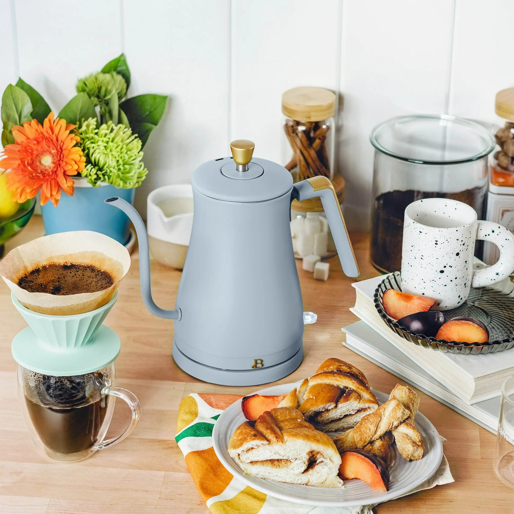 Beautiful 19282 1-Liter Electric Gooseneck Kettle 1200 W, Cornflower Blue by Drew Barrymore