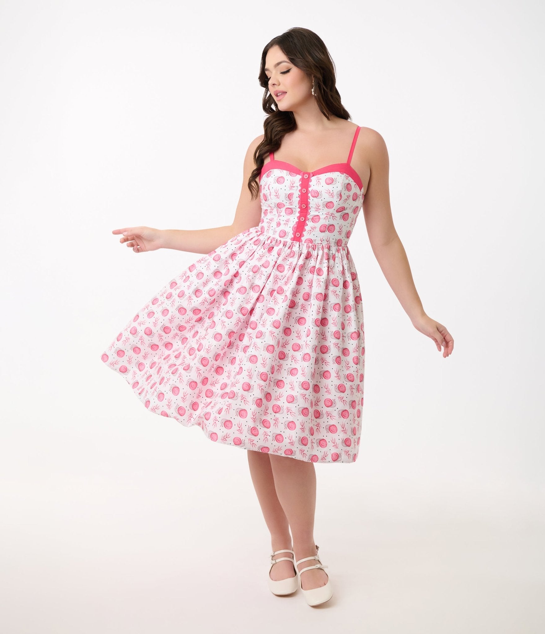 Unique Vintage 1950s White & Pink Snail Cotton Swing Dress