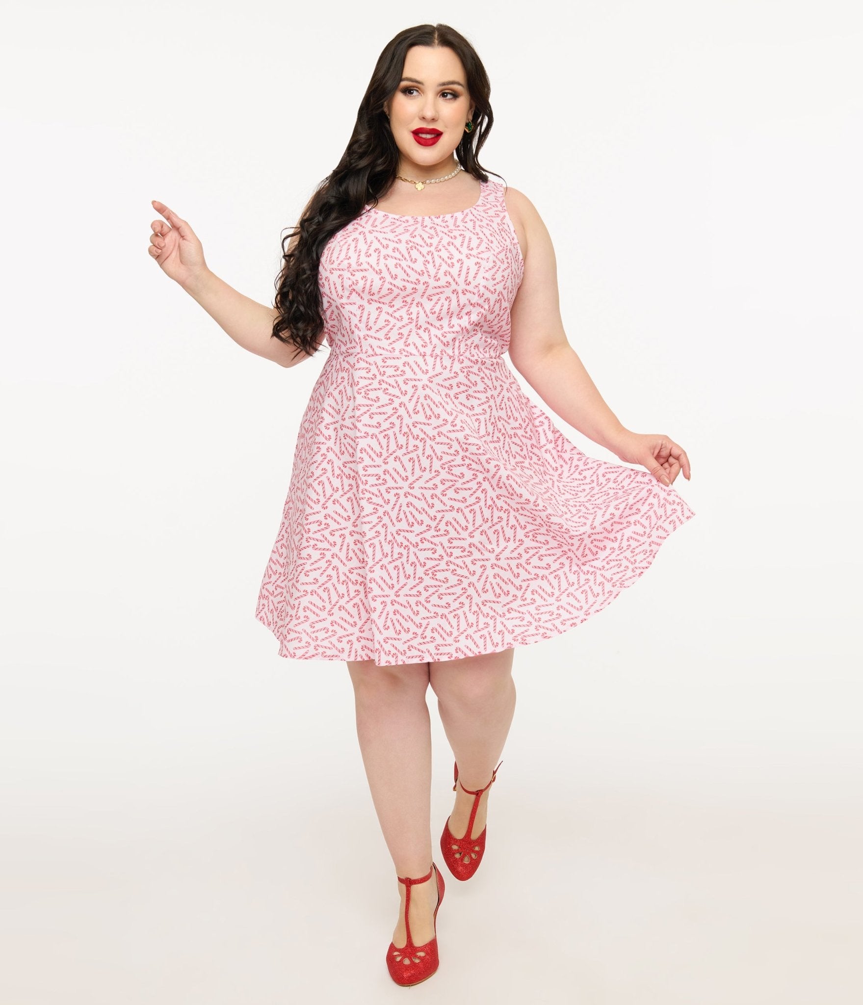 Retrolicious Plus Size 1950s Candy Cane Print Cotton Skater Dress