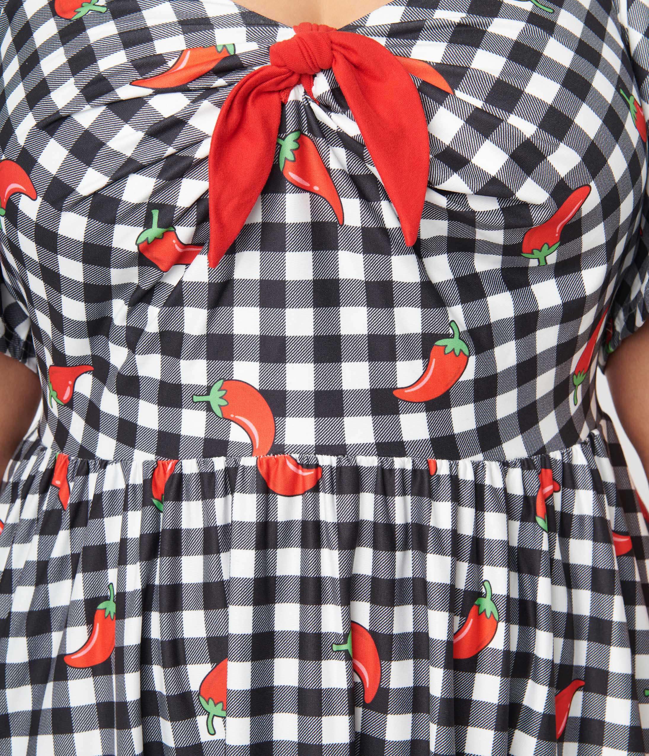 Unique Vintage 1950s Curve Black & White Chili Pepper Gingham Swing Dress