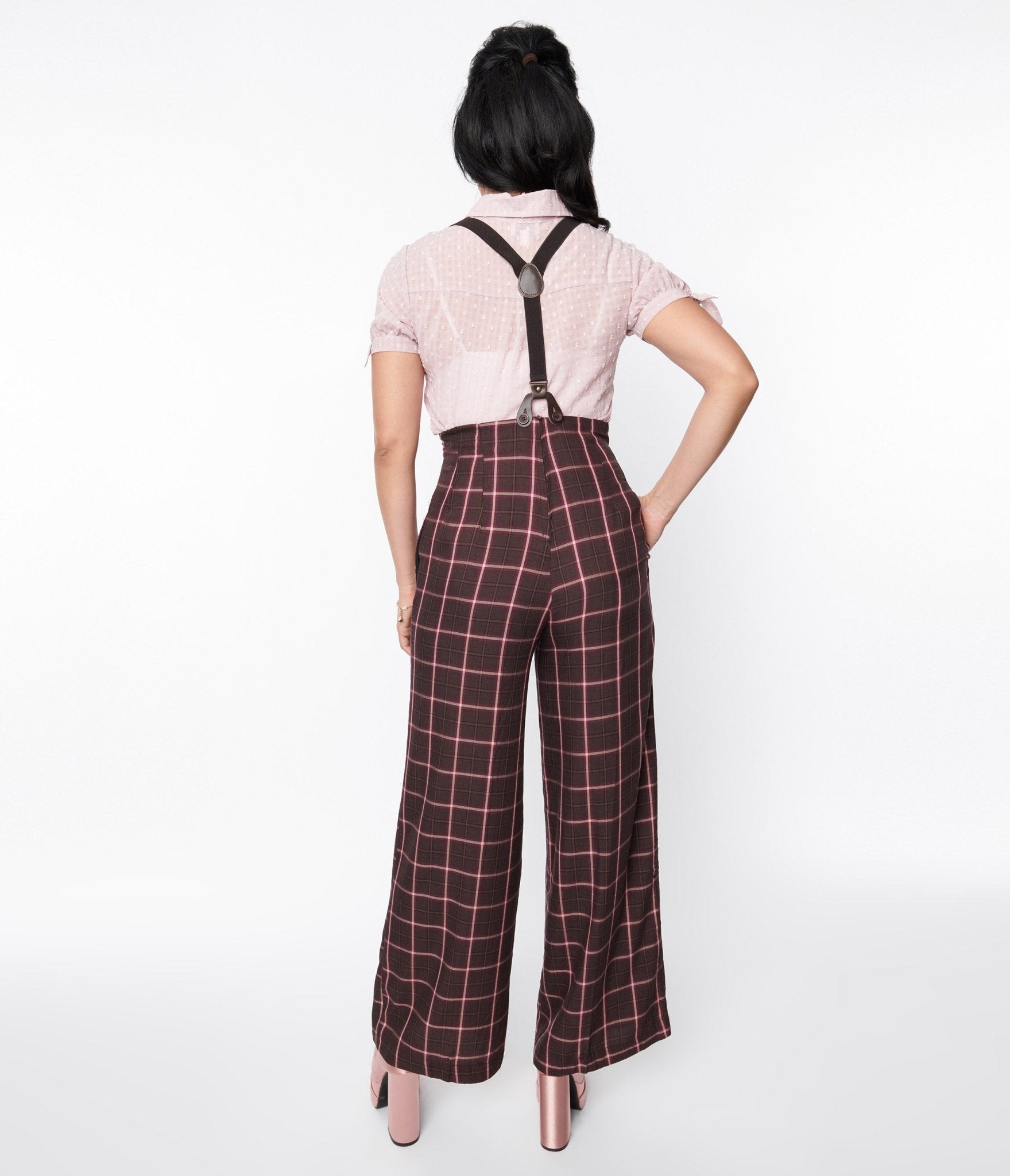 Unique Vintage 1930s Purple & Mauve Plaid High Waist Suspender Pants