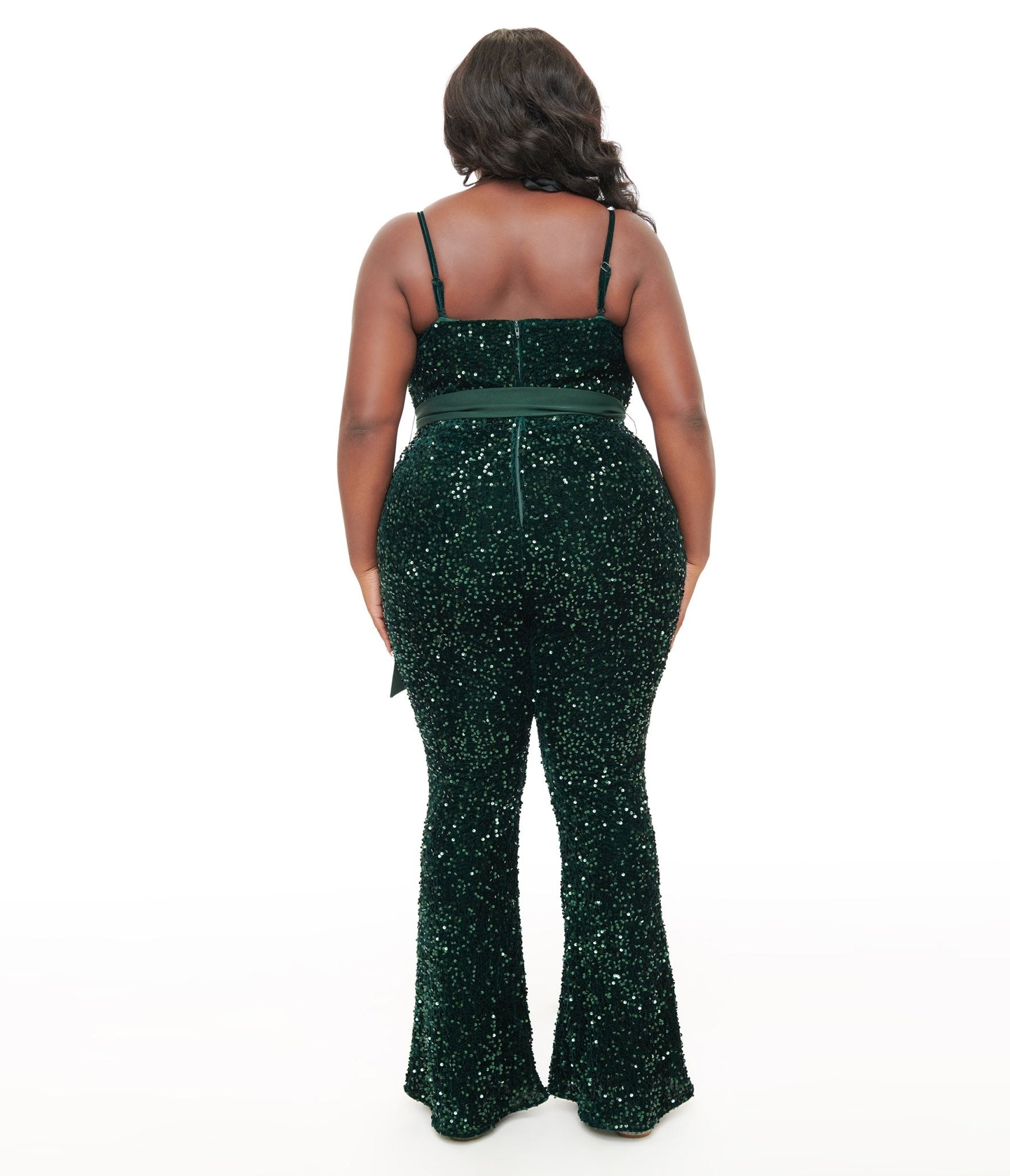 Unique Vintage Plus Size 1960s Green Sequin Flare Jumpsuit