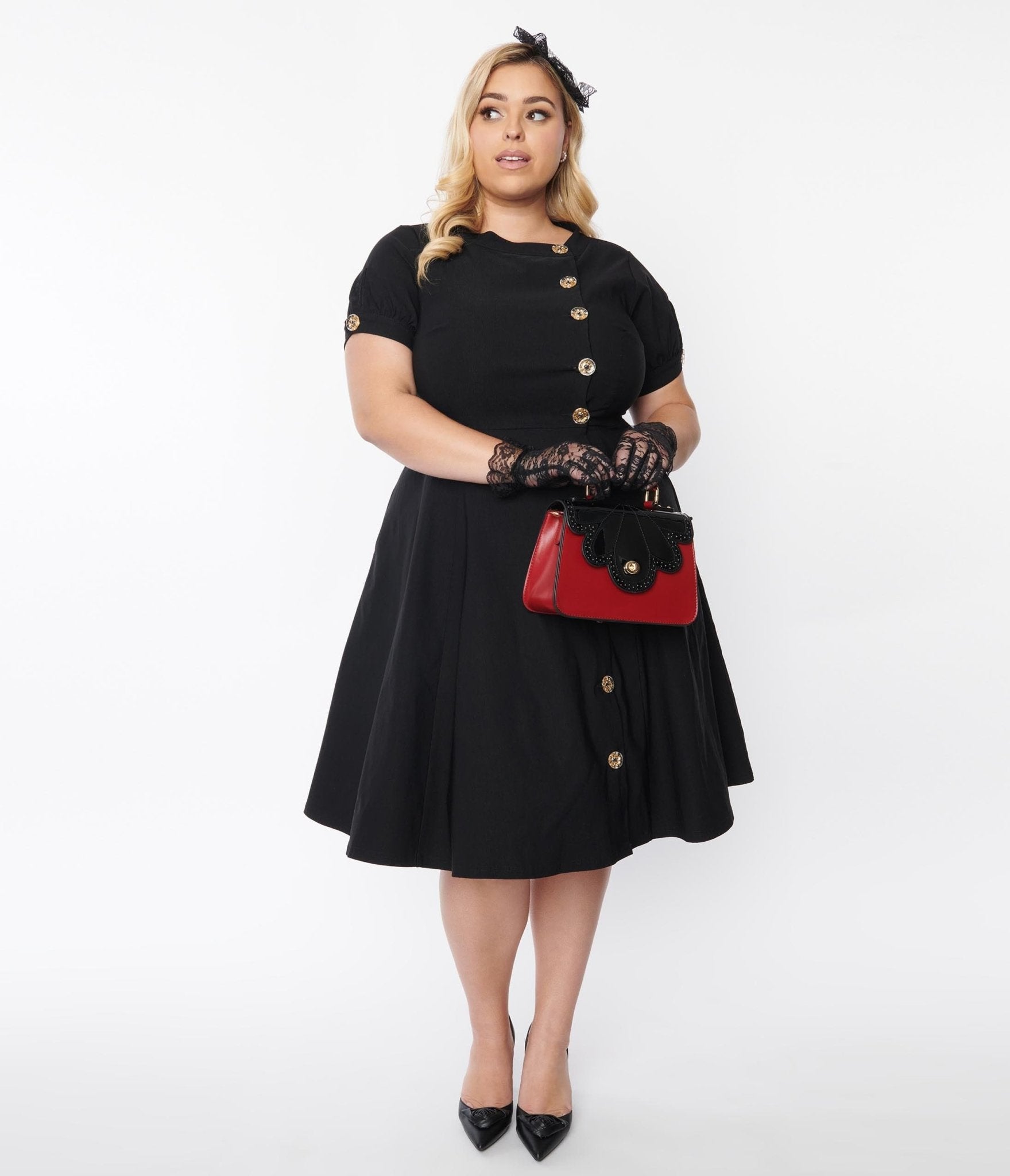 Unique Vintage Plus Size Black Button Swing Dress