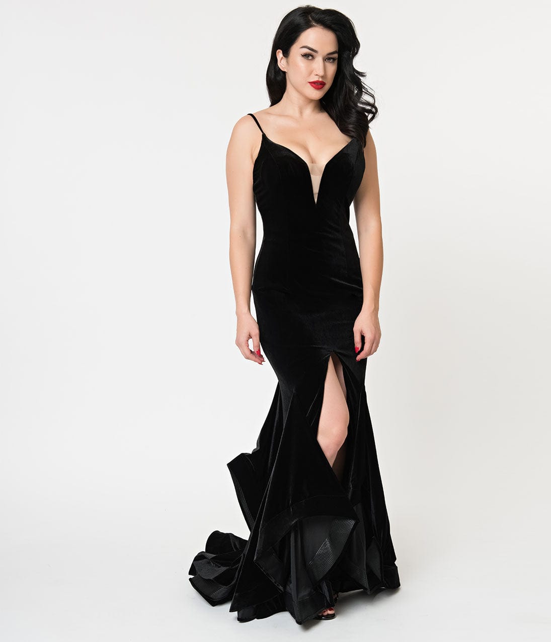 Black Velvet Ruffled Mermaid Sexy Long Dress