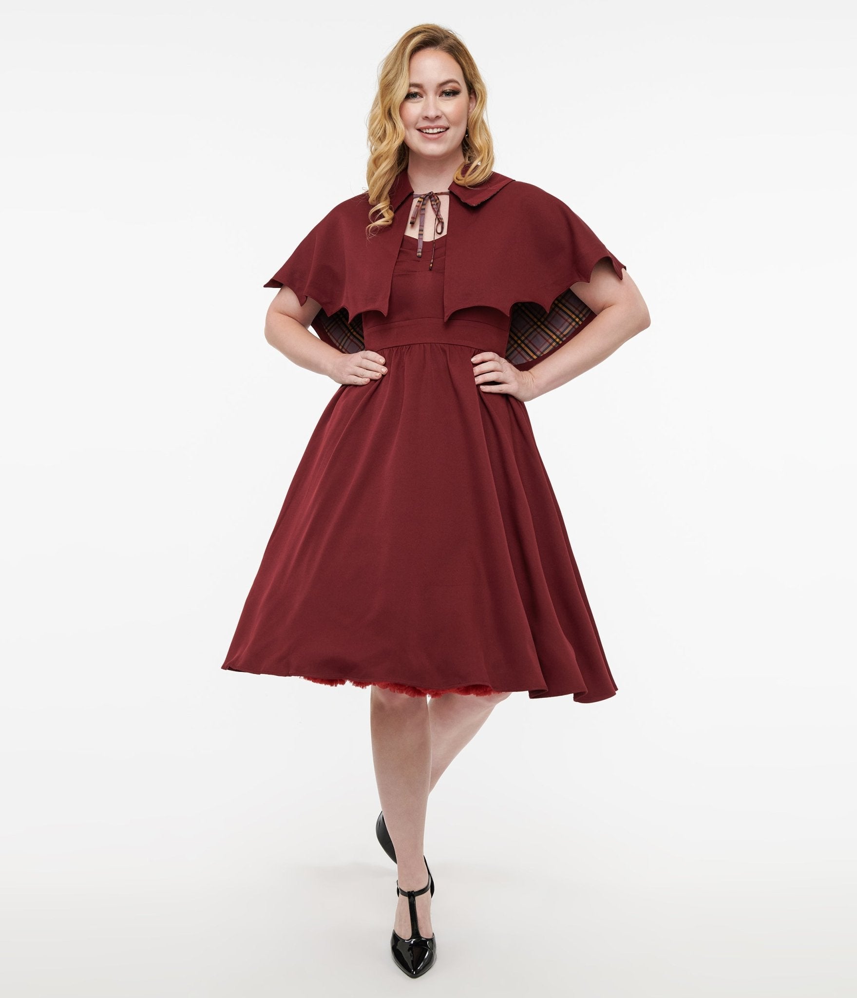 Disney Hocus Pocus Collection by Unique Vintage Burgundy & Grey Plaid Hocus Pocus Capelet Swing Dress