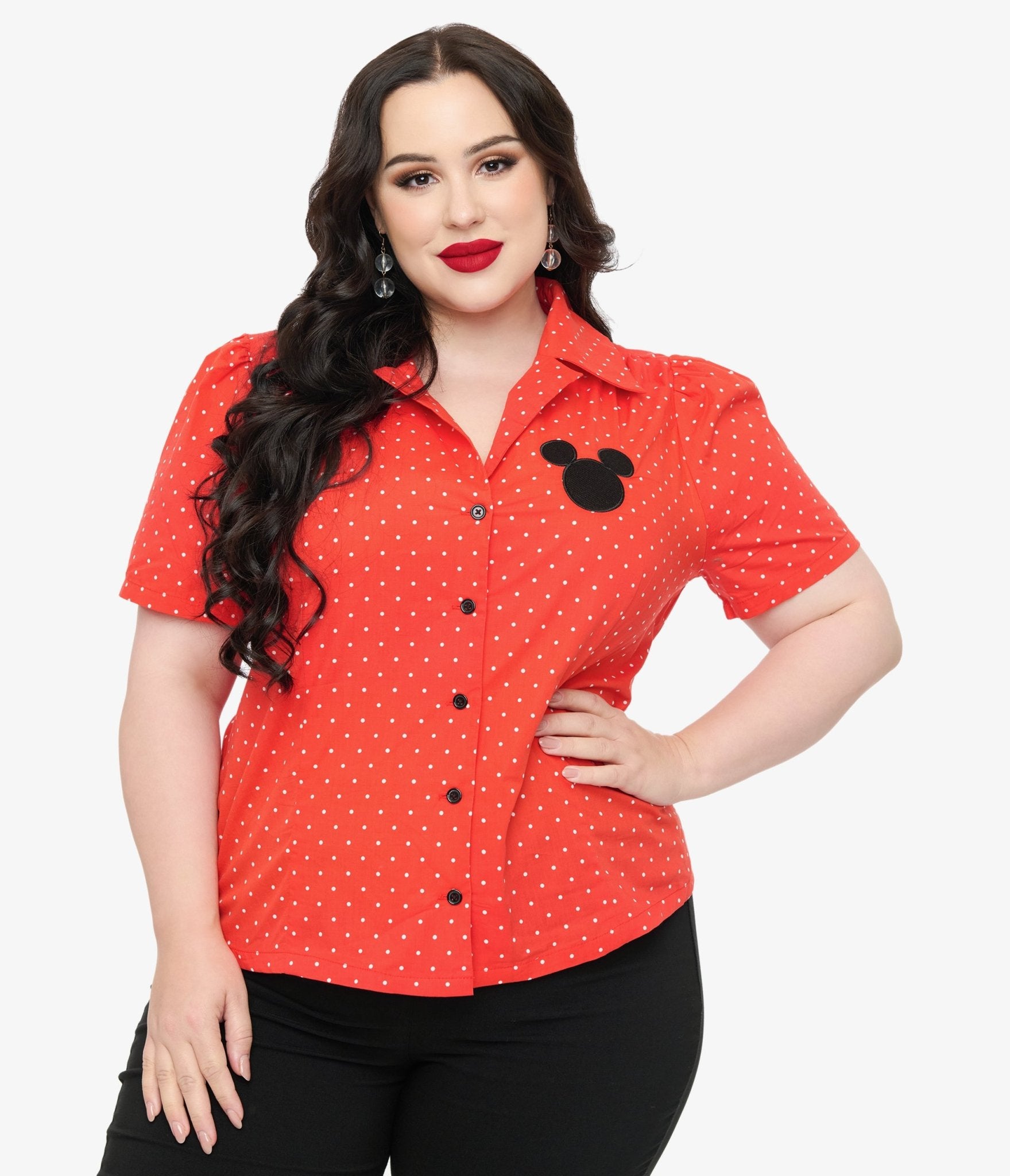 Disney Mickey & Friends Collection by Unique Vintage Plus Size Red Pin Dot Mickey Mouse Silhouette Cotton Blouse