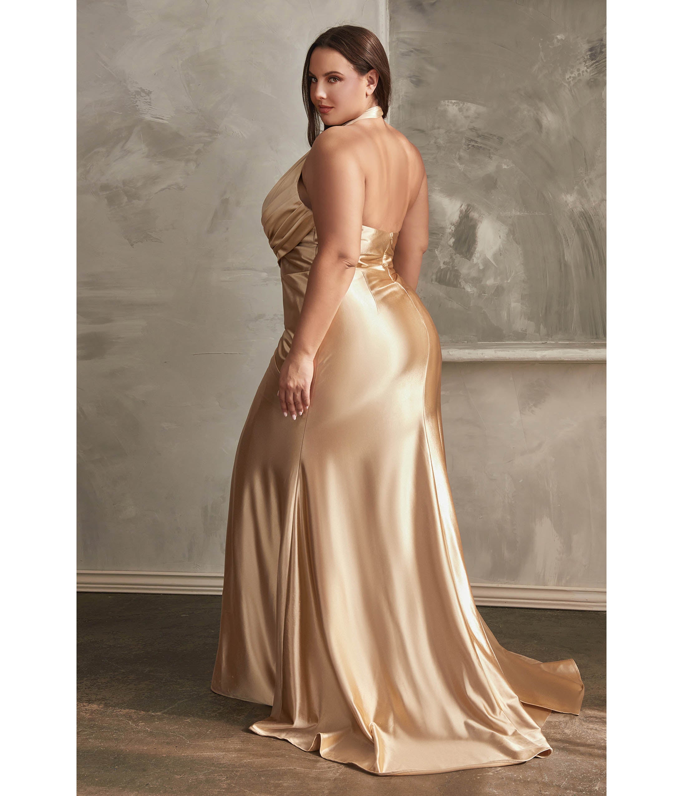 Ladivine by Cinderella Divine Plus Size Gold Pleated Satin Halter Fitted Slit Dress