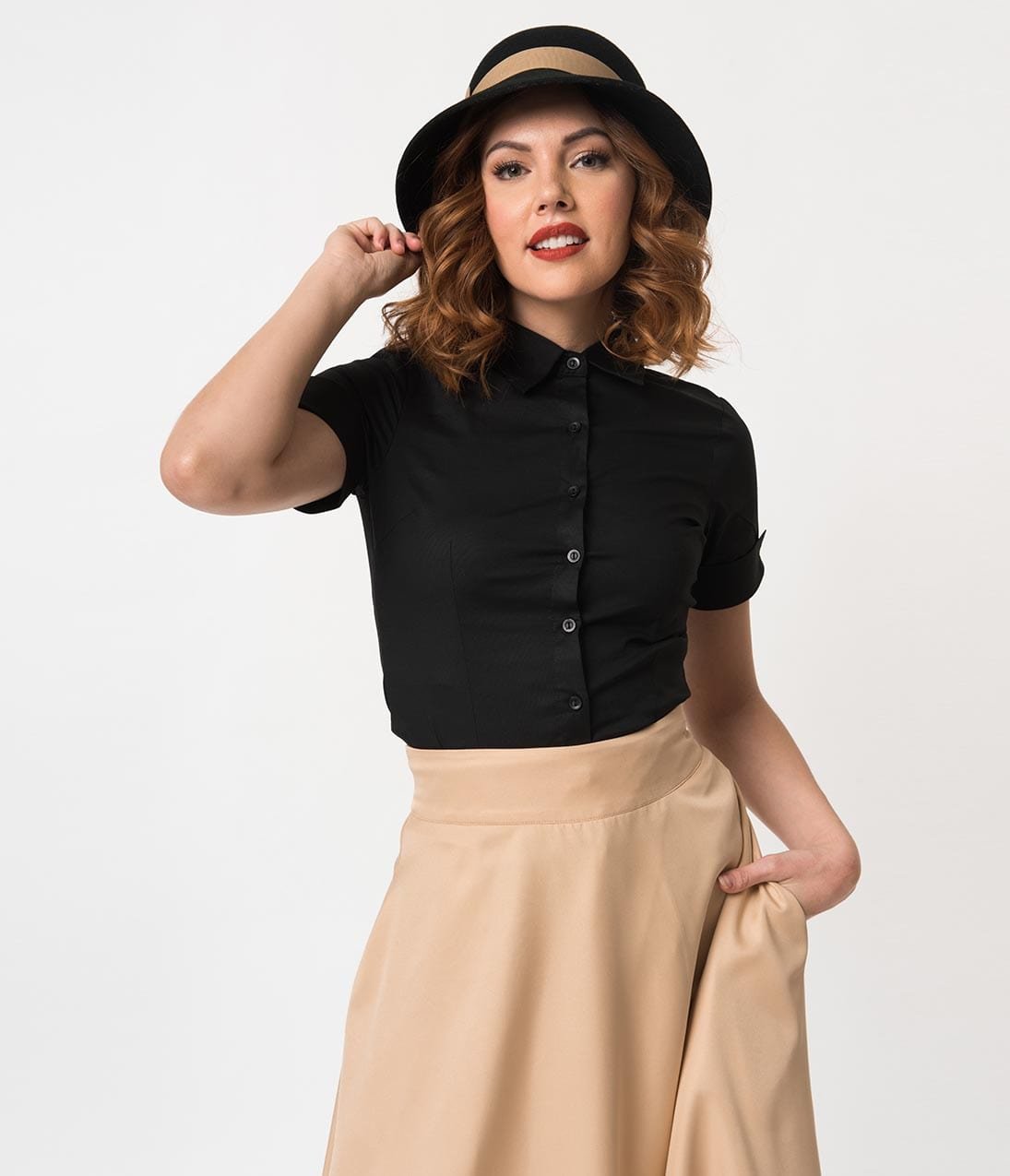 Black Collared Short Sleeve Button Up Blouse