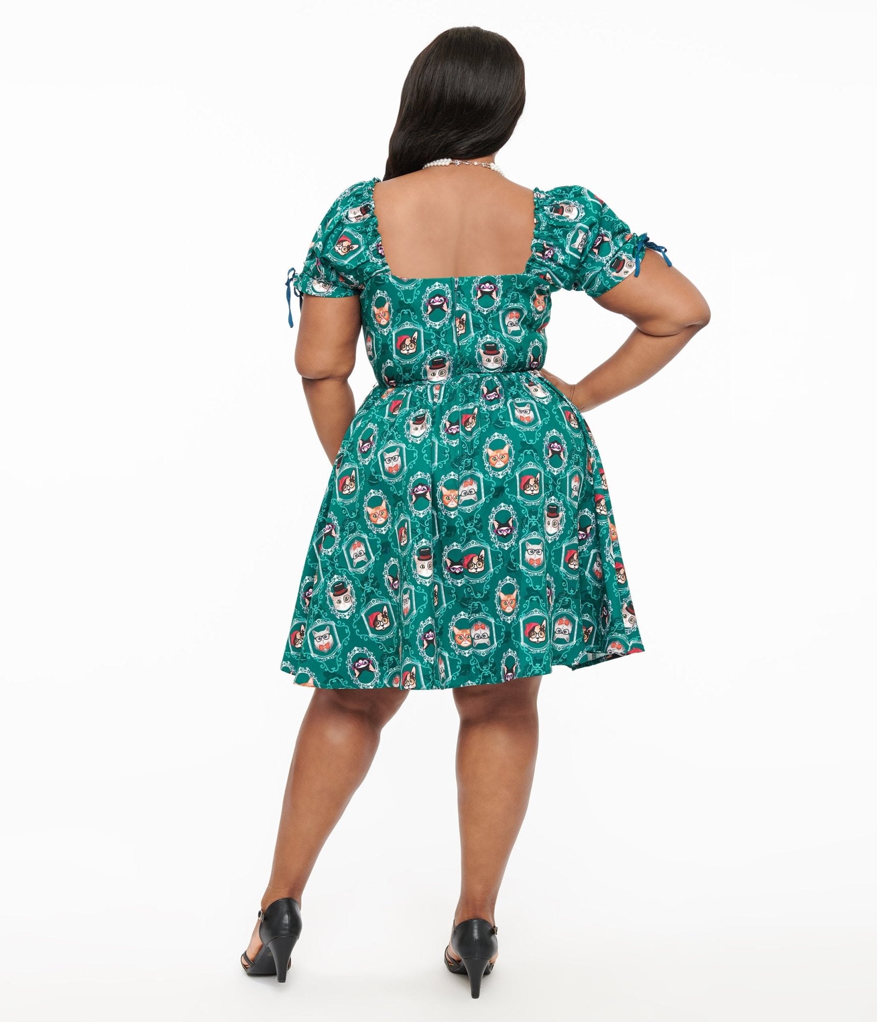 Unique Vintage Plus Size 1950s Teal Cat Print Swing Dress