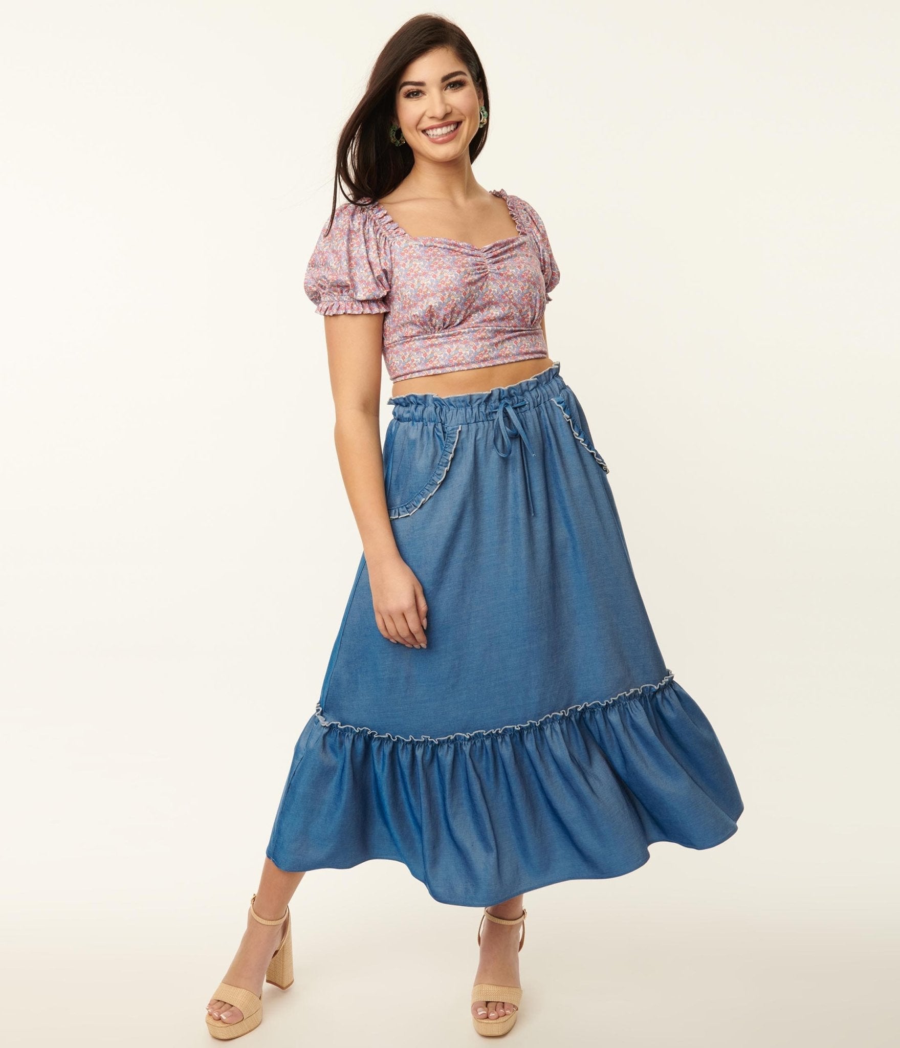 Unique Vintage 1970s Chambray Ruffle Tiered Midi Skirt