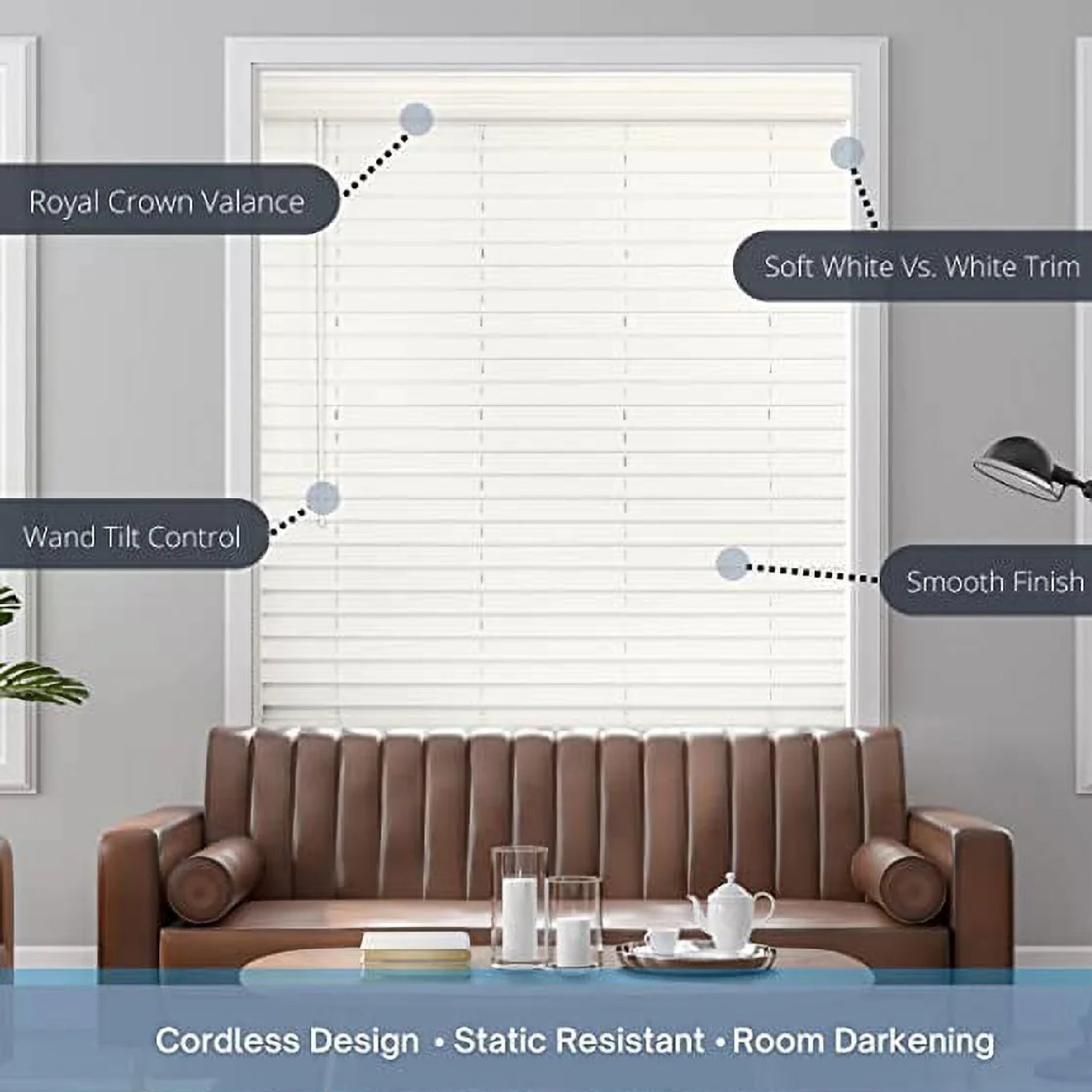 Lotus & Windoware FCX28548WH Cordless 2 Faux Wood Room Darkening Horizontal Blind, 28.5 W x 48 L, Soft White, Smooth