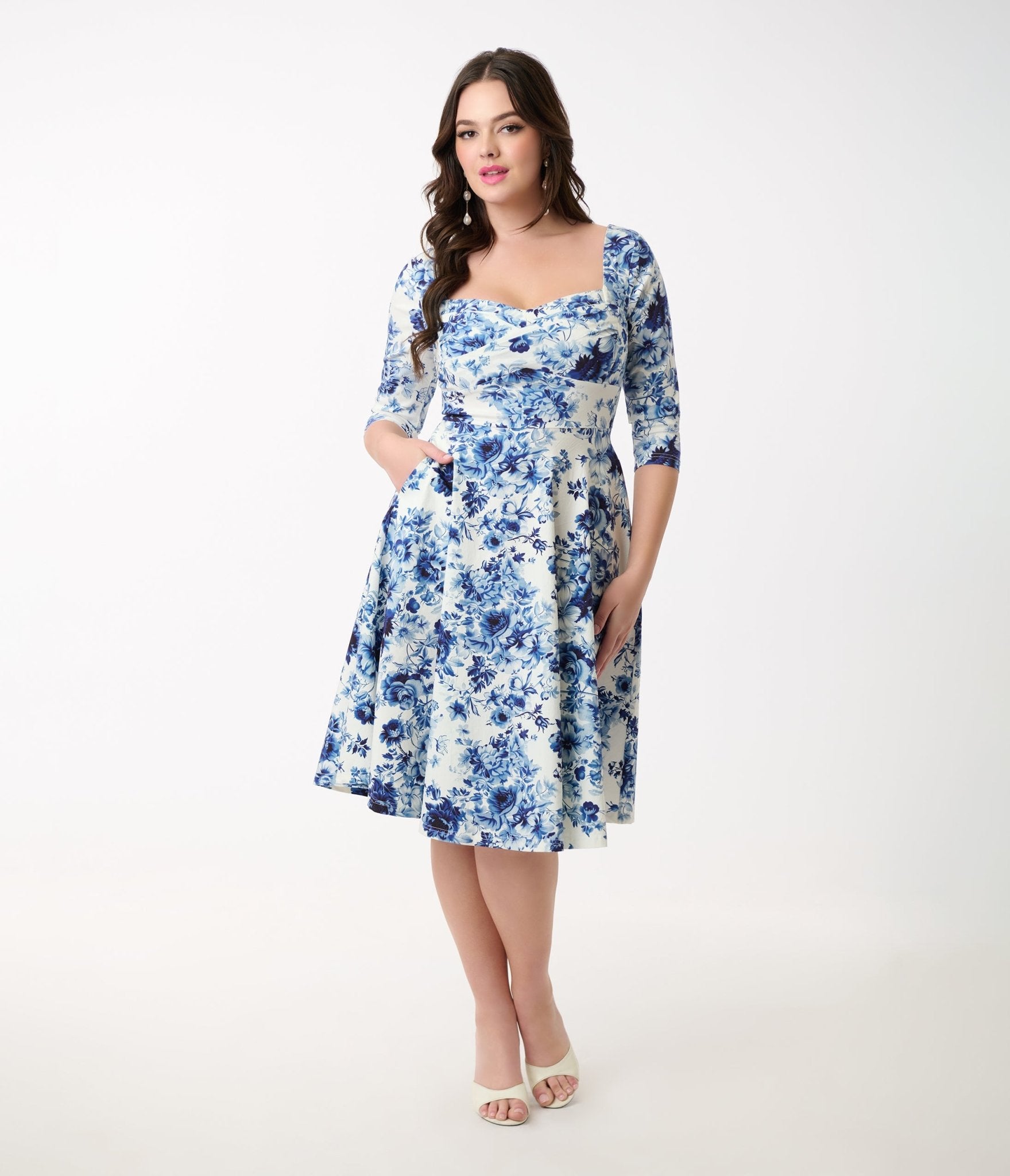 Unique Vintage 1950s White & Blue Floral Pleated Bust Swing Dress