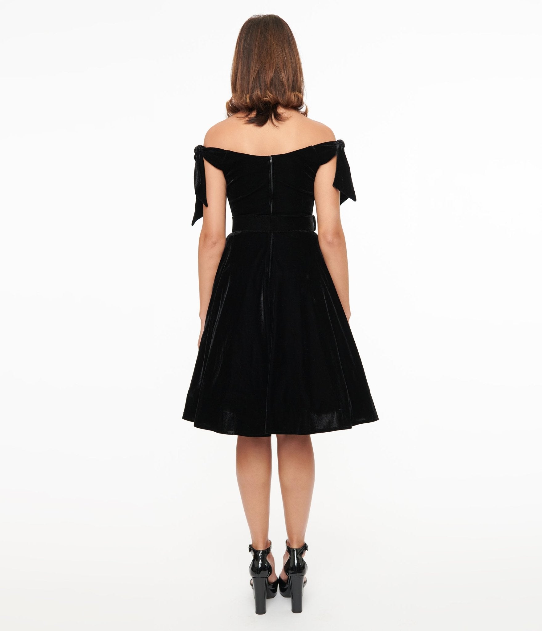 Unique Vintage 1960s Black Velvet Off The Shoulder Swing Dress