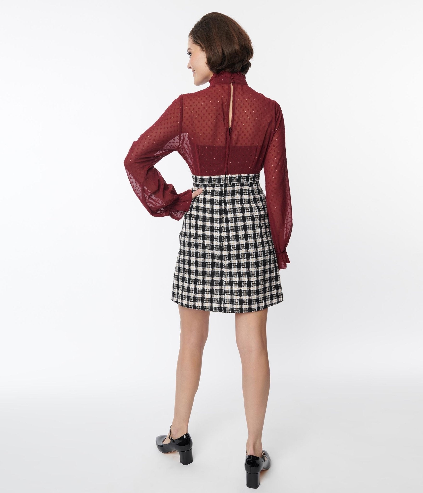 Smak Parlour 1960s Burgundy & Plaid Ruffle Neck Empire A-Line Dress