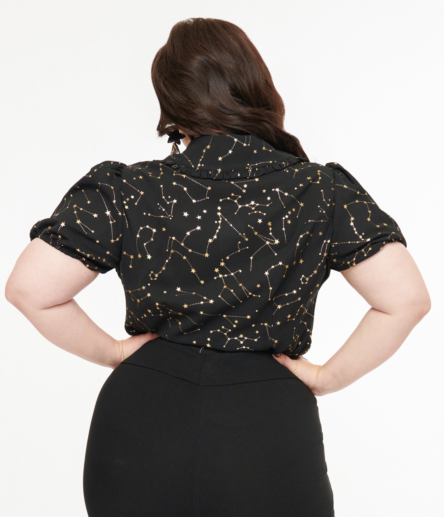 Unique Vintage Plus Size 1930s Black & Gold Stars Oversized Collar Blouse