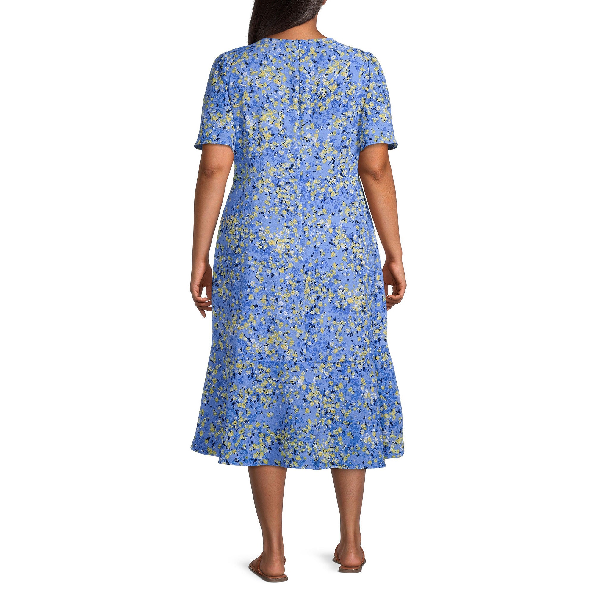 Liz Claiborne Short Sleeve Floral Midi A-Line Dress Plus - BLUE DITSY 24W