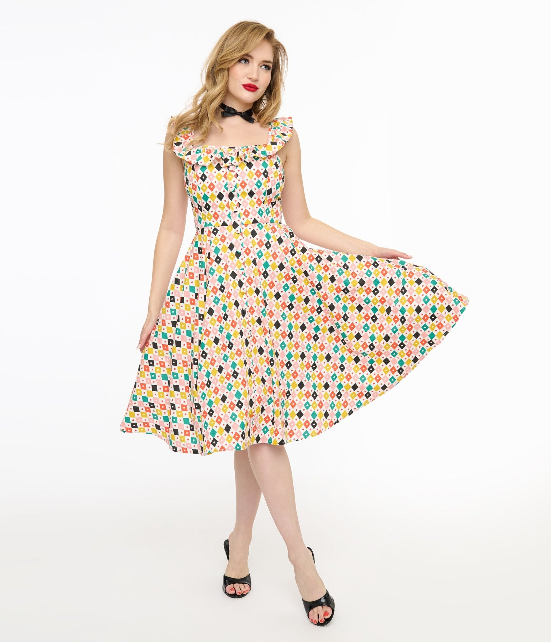 Magnolia Place 1950s Multicolor Diamond Print Barbara Swing Dress