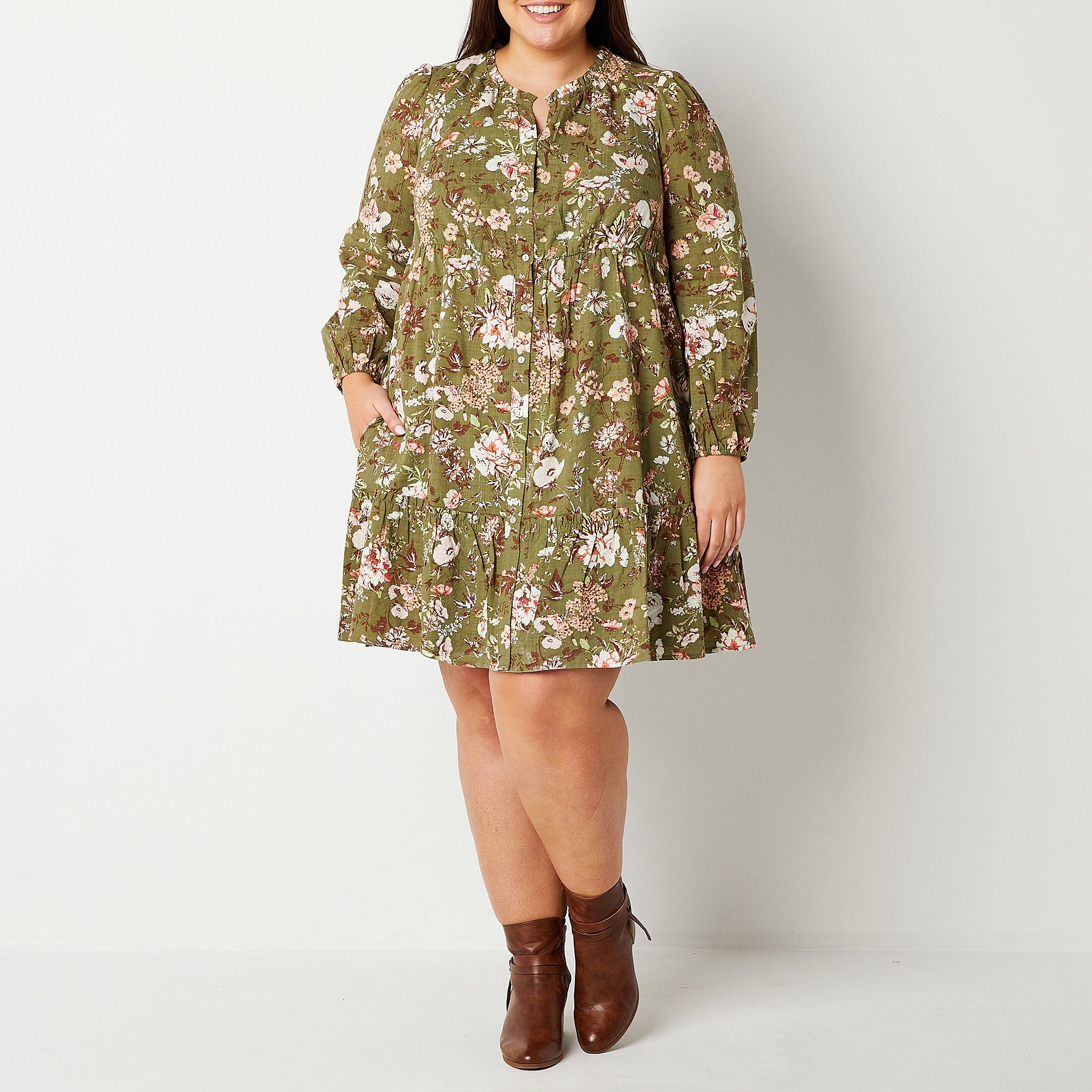 Frye And Co . Long Sleeve Shirt Dress - MOSS GARDEN 2X