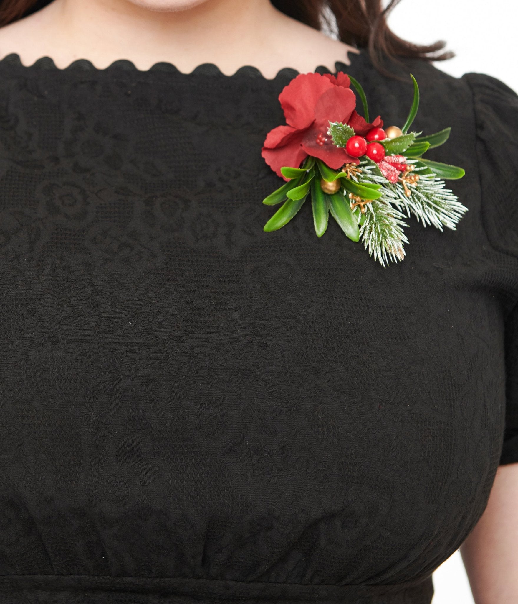 Unique Vintage Plus Size 1950s Black Holiday Floral Pin Cotton Swing Dress