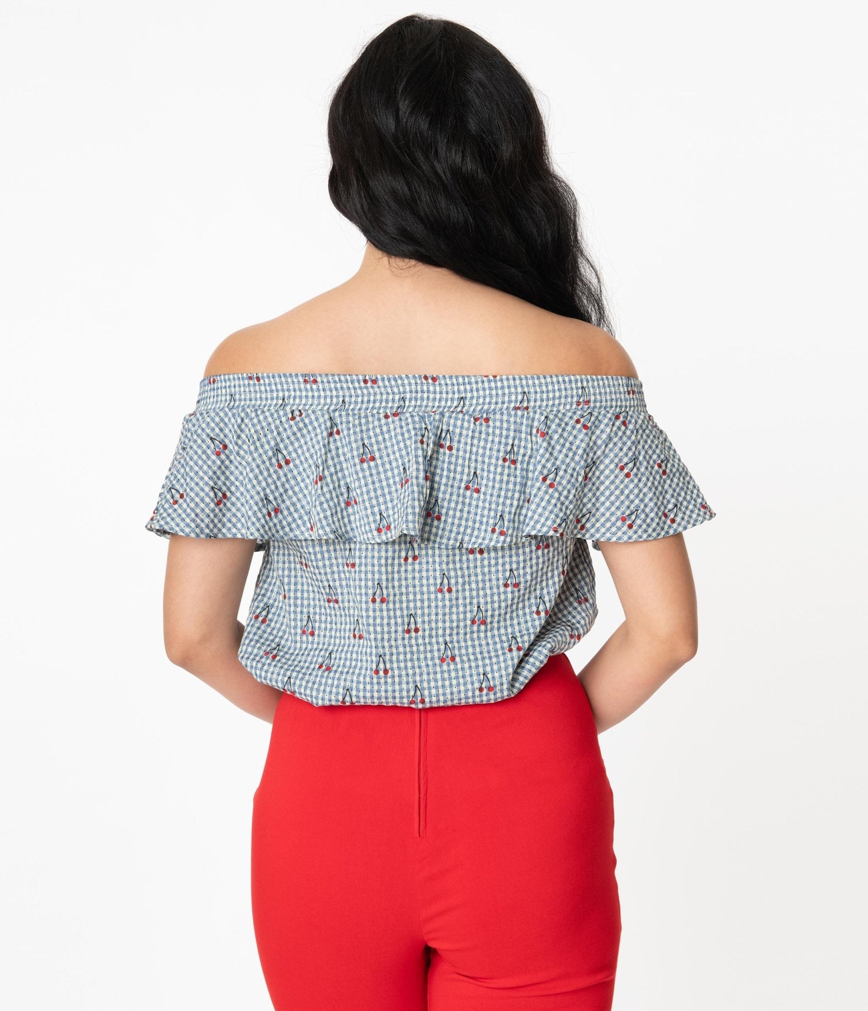 Unique Vintage Blue & White Gingham Cherry Print Luanne Top