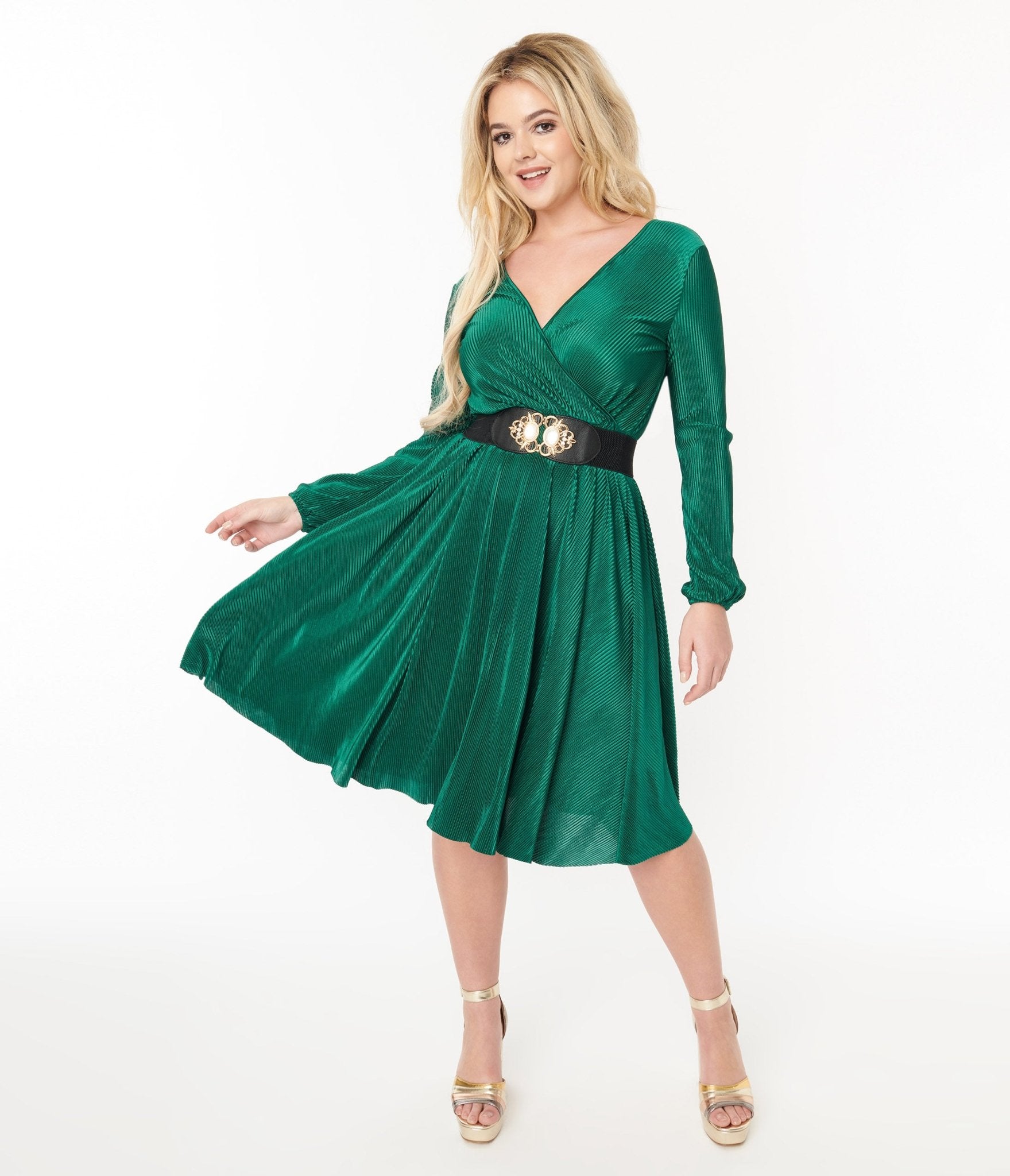 Voodoo Vixen Green Pleated Satin Swing Dress