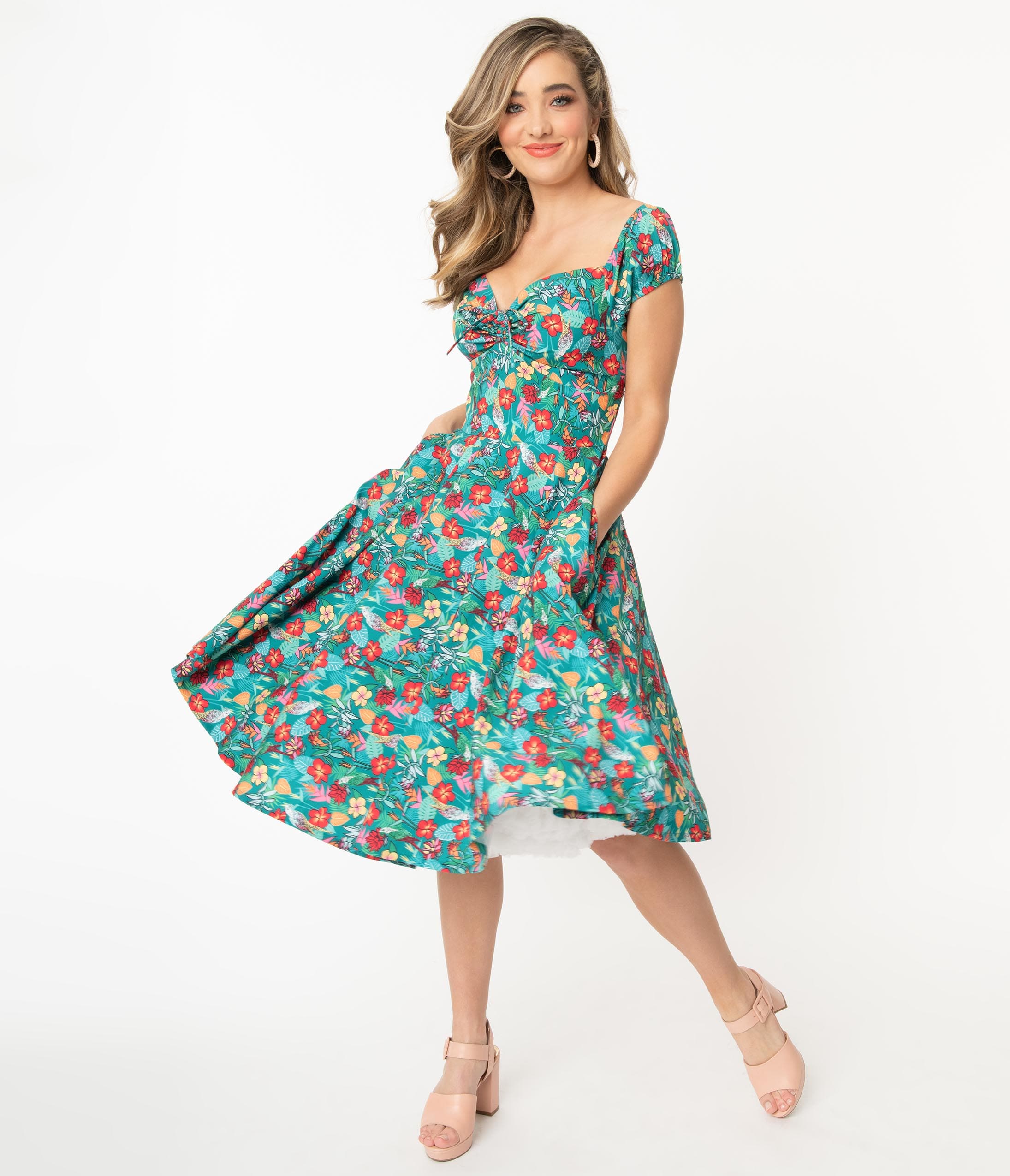 Teal & Multicolor Tropical Floral Print Preston Swing Dress