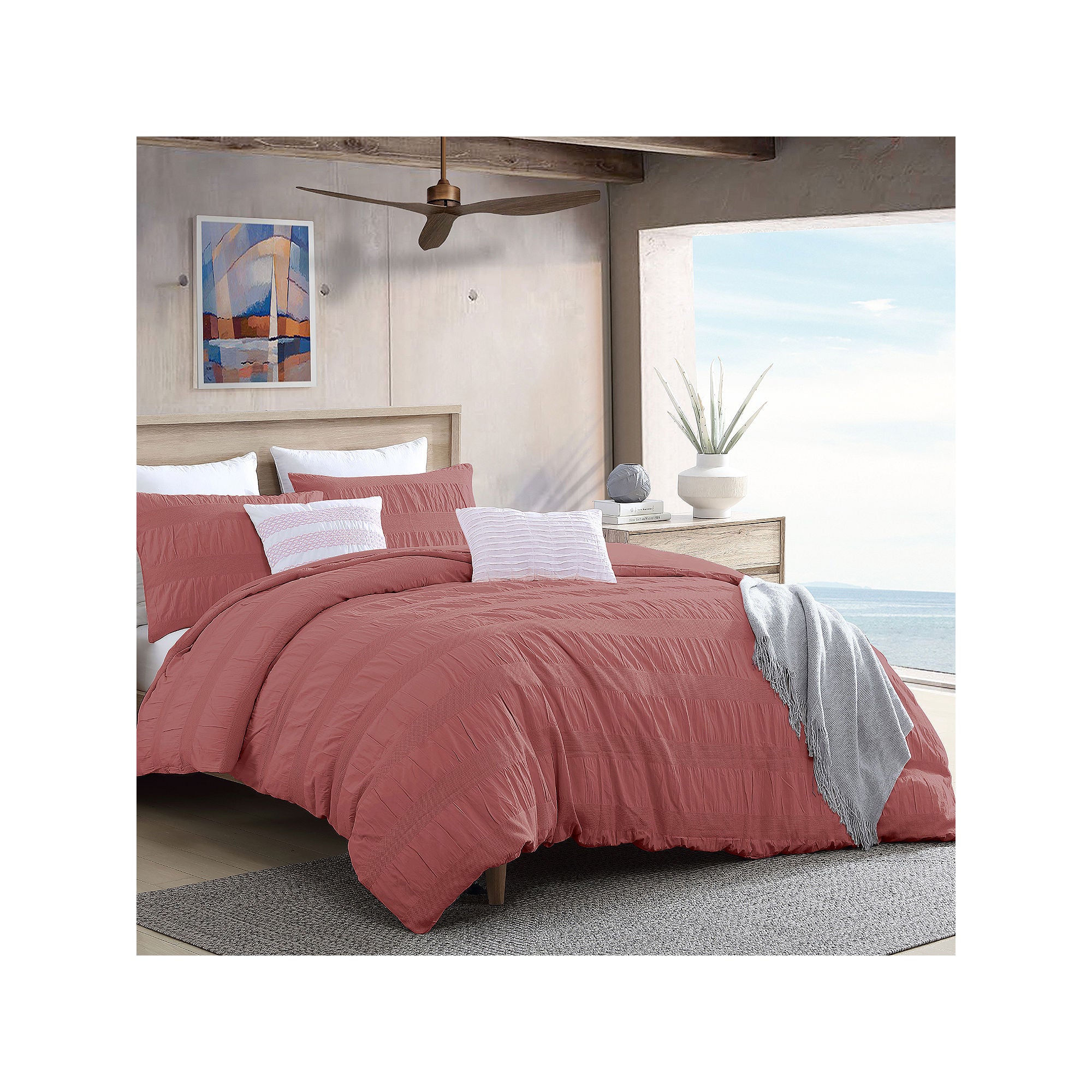 Swift Home SHDV3-302 Moselle Cotton Ruched & Waffle Weave Duvet Cover Set, Moselle Dusty Rose, King/Cal King (104 x 92)