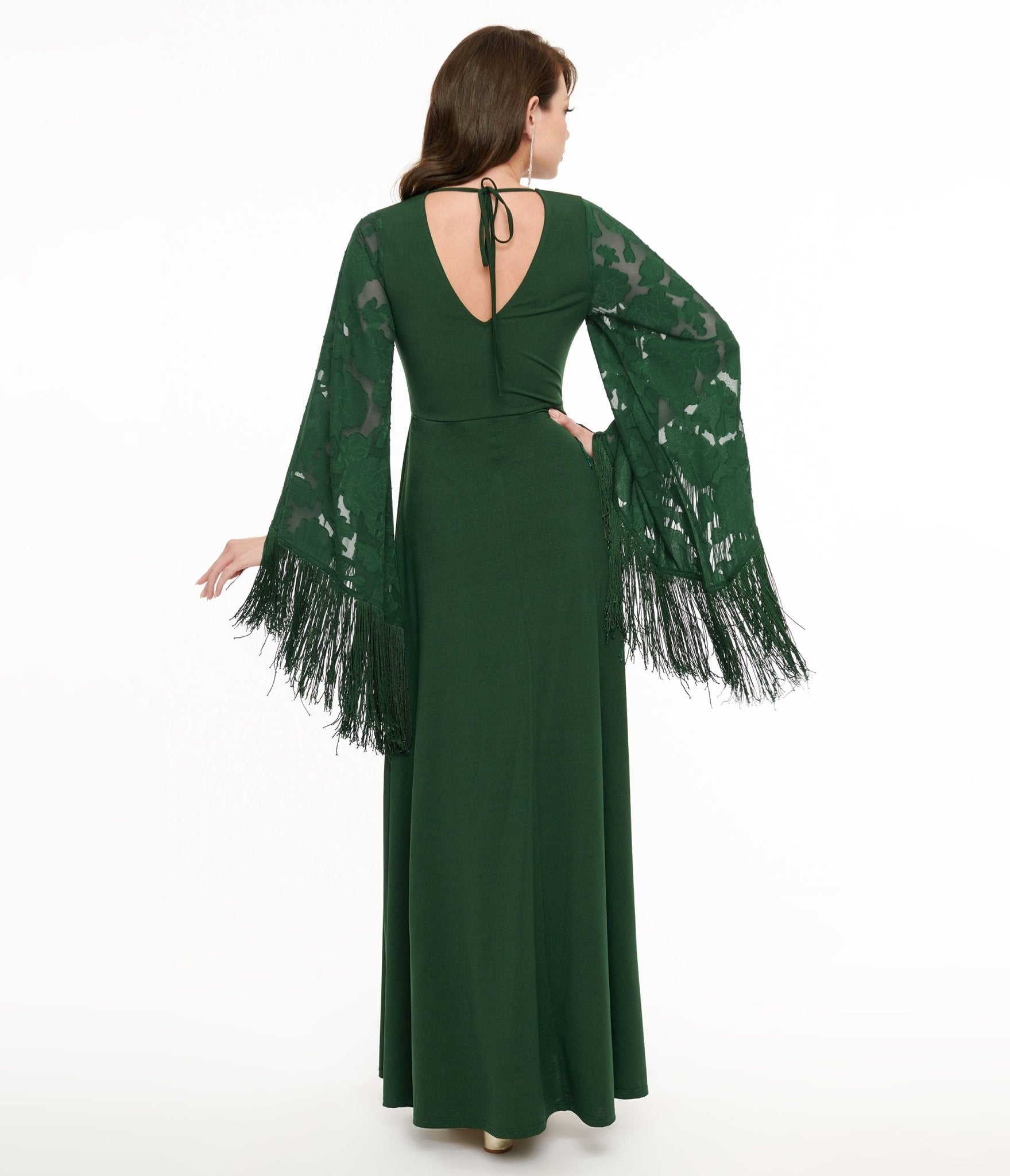 Smak Parlour 1970s Green Fringe Sleeve Maxi Dress