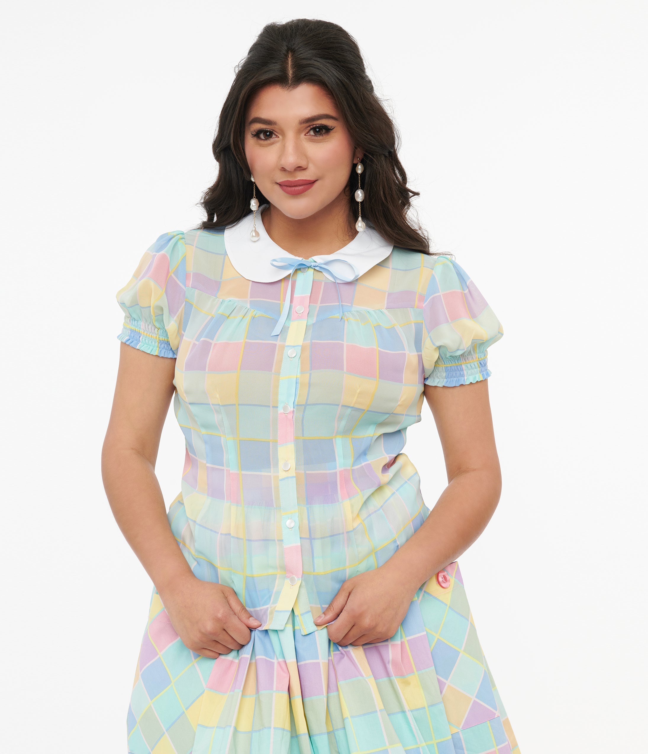 Hell Bunny 1950s Pastel Check Collared Skye Blouse