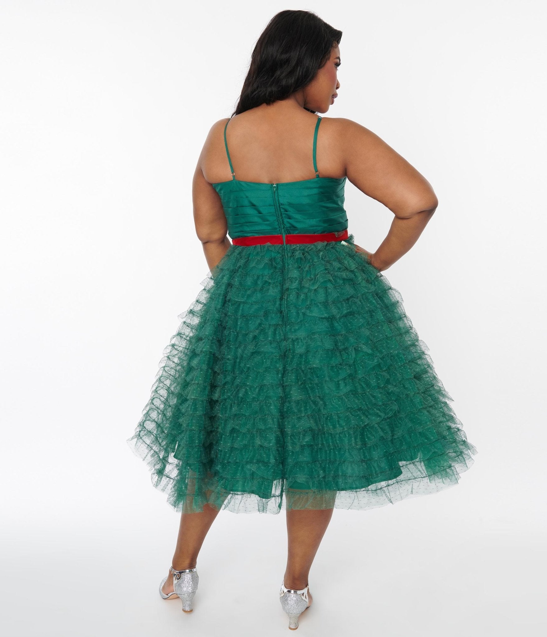 Unique Vintage Plus Size Emerald Green & Red Ribbon Tulle Cupcake Swing Dress