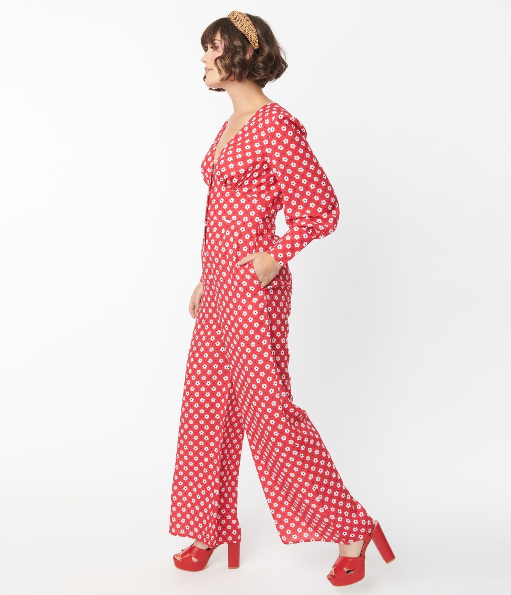 1970s Red & Hawana Floral Print Jumpsuit