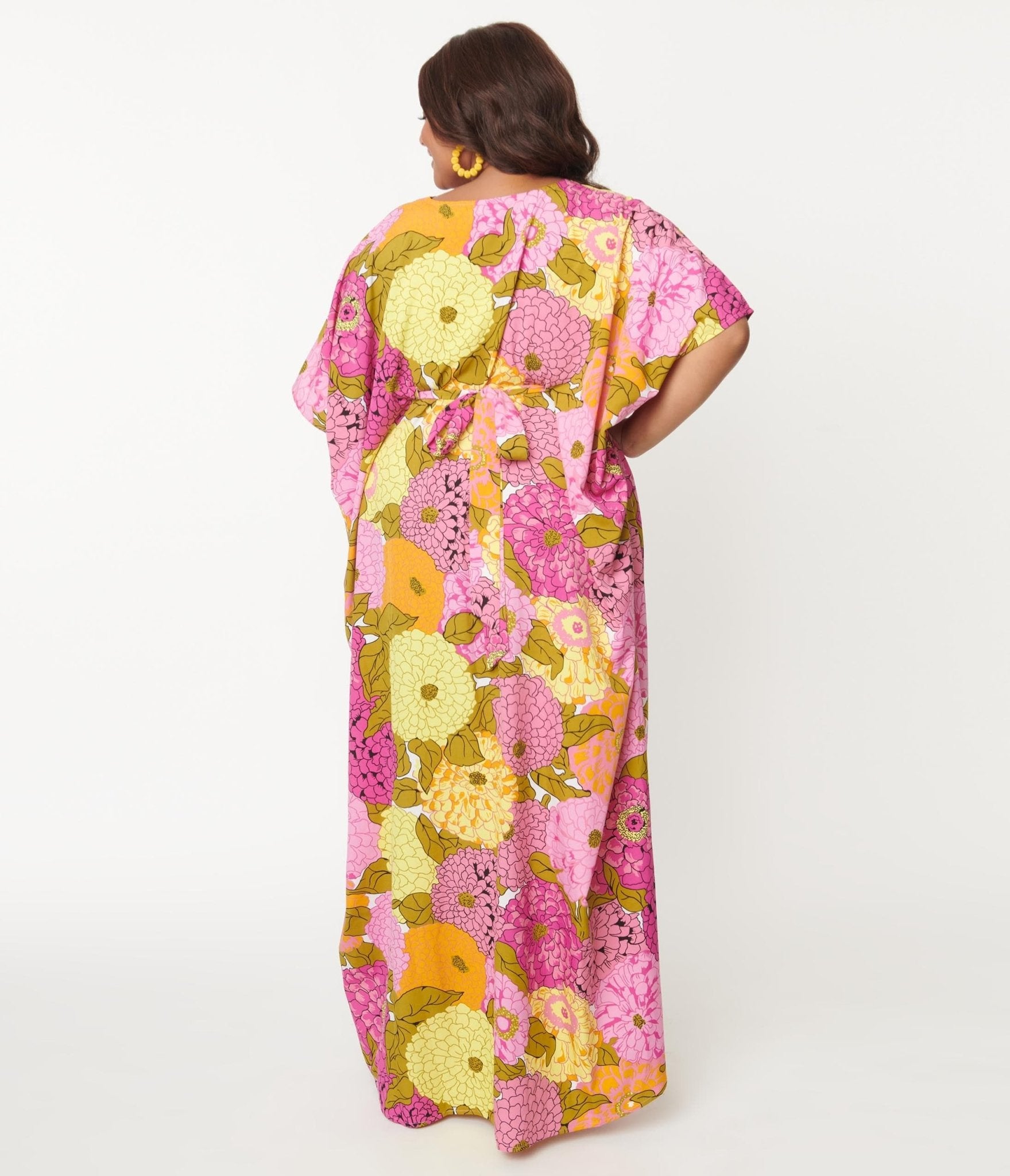 Unique Vintage 1970s Pink & Yellow Floral Print Burton Caftan Dress