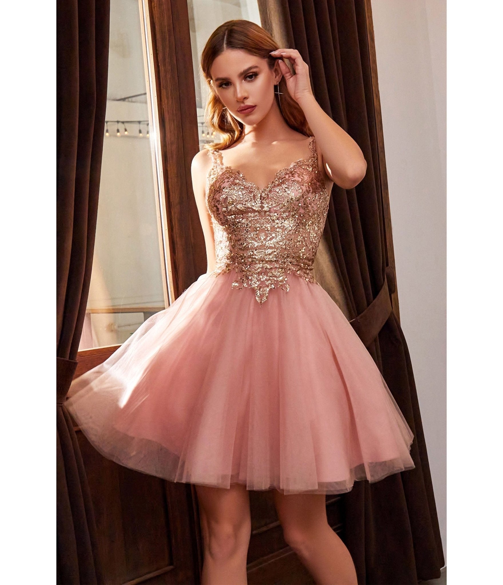 Ladivine by Cinderella Divine Rose Gold Embellished Tulle Mini Homecoming Dress