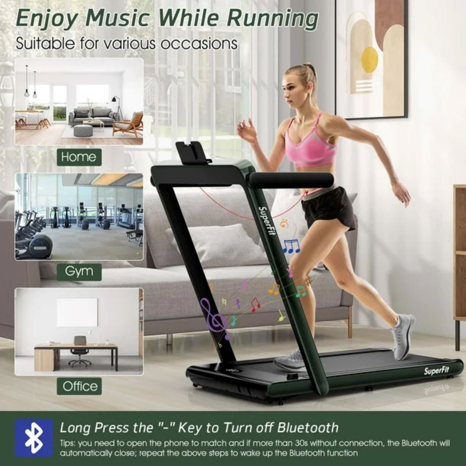 Costway SP37522GN SuperFit 2.25HP 2 in 1 Dual Display Folding Treadmill Jogging Machine W/APP Control Green