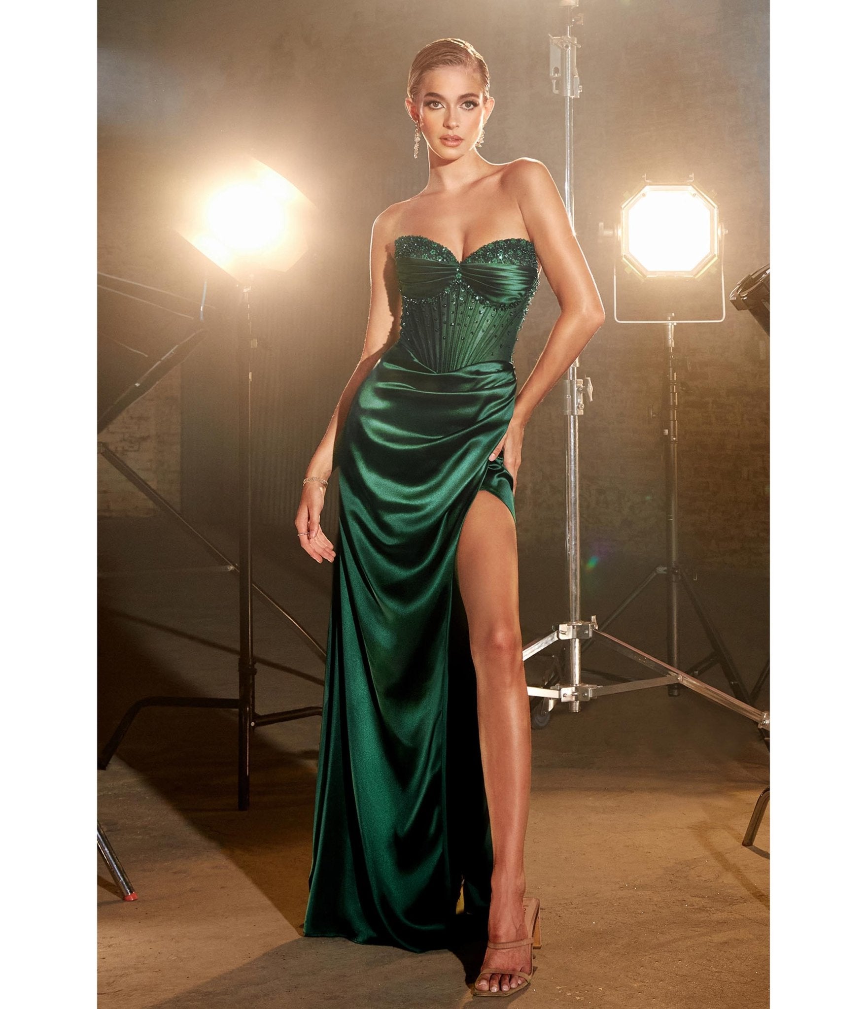 Ladivine by Cinderella Divine Emerald Beaded Satin Corset Prom Dress