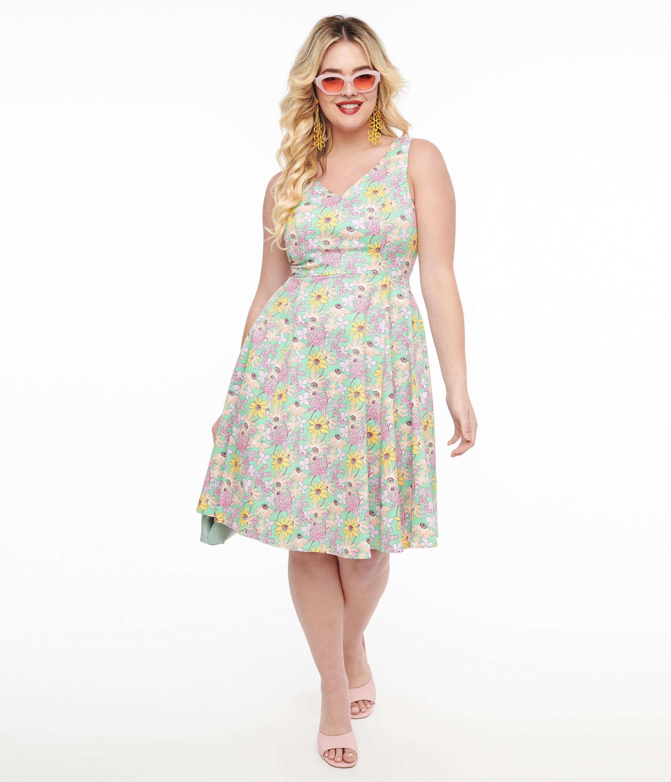 Green & Multicolor Floral Cotton Swing Dress