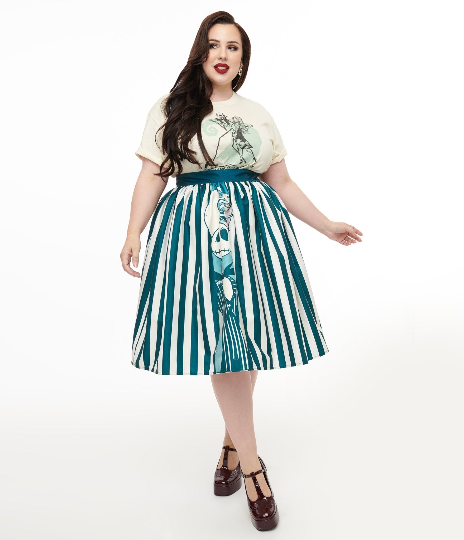 Tim Burton's The Nightmare Before Christmas by Unique Vintage Plus Size Teal & White Striped Jack Skellington Gellar Swing Skirt