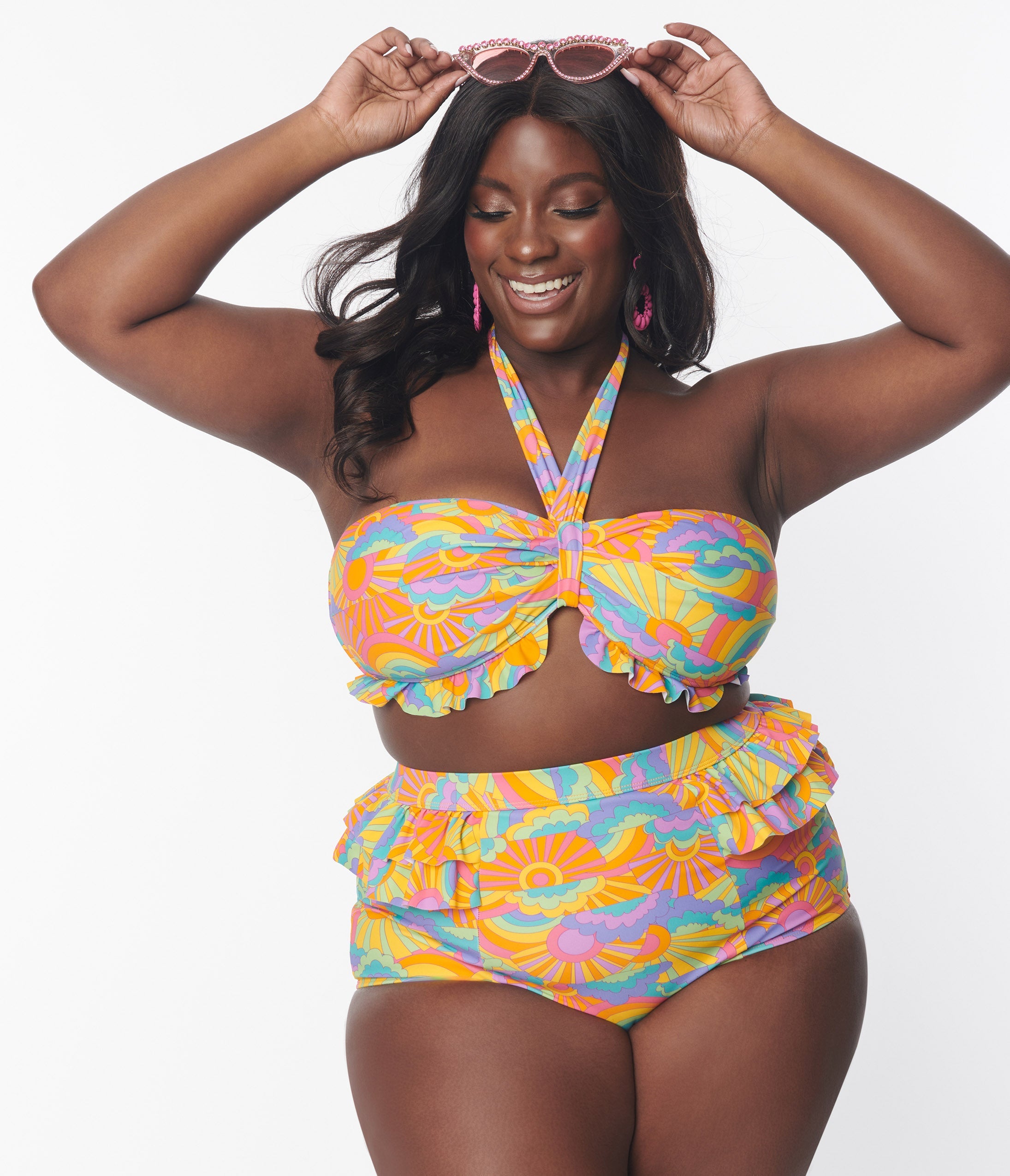 Unique Vintage Plus Size Happy Groovy Rainbow Twist Front Halter Swim Top