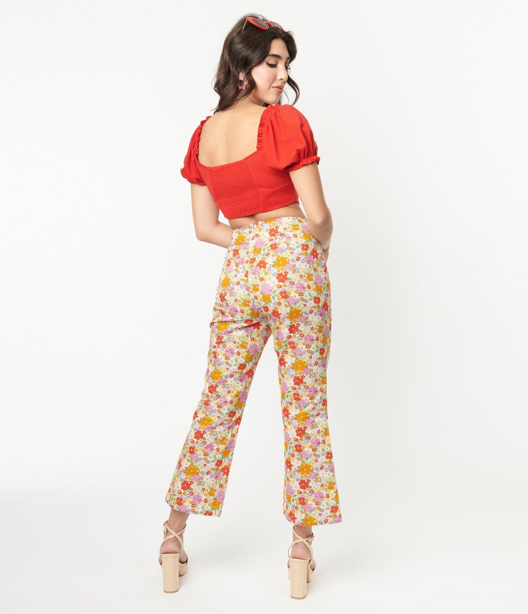 Multicolor Retro Floral Flare Pants