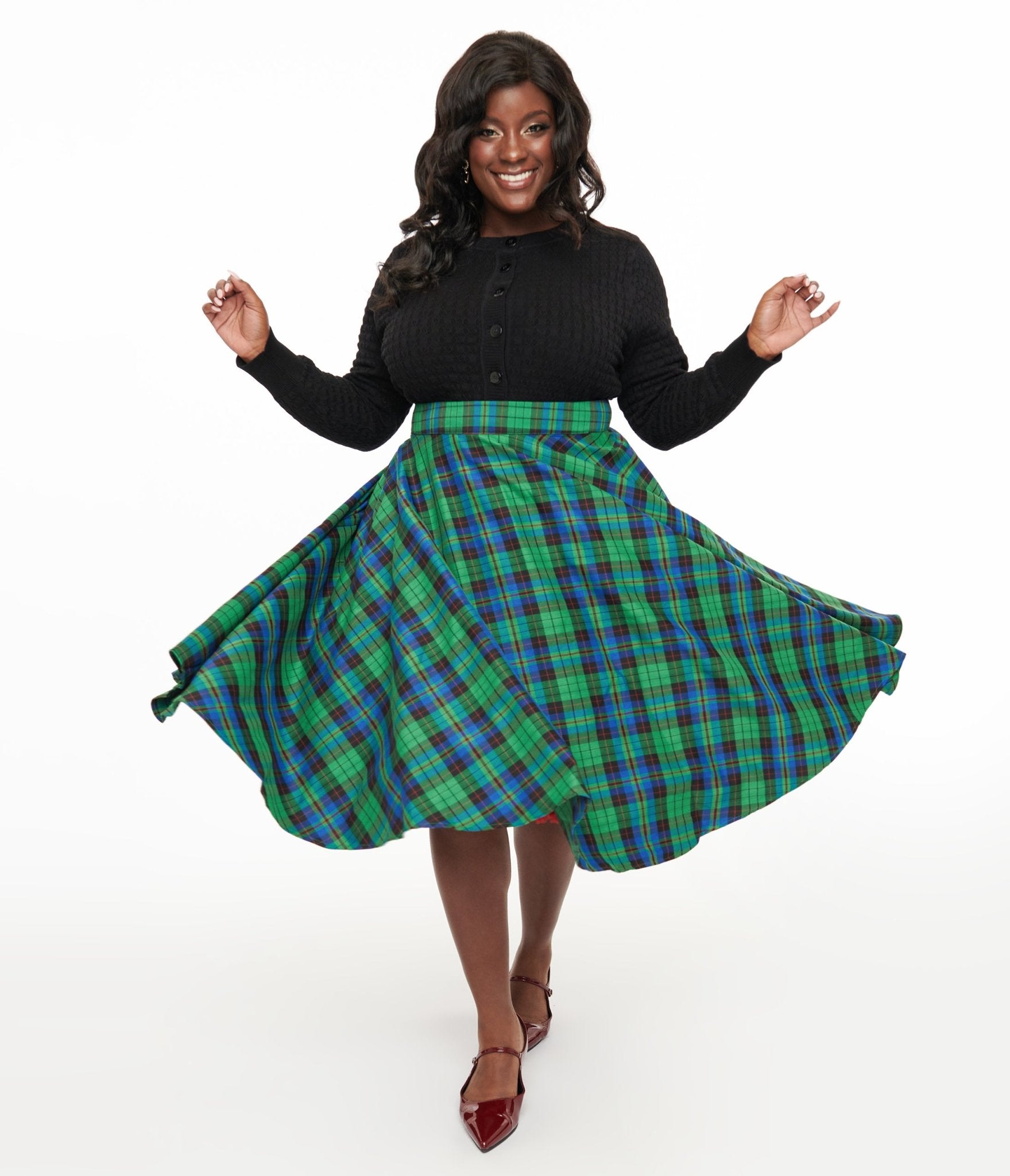 Plus Size 1950s Green & Blue Winter Check Swing Skirt