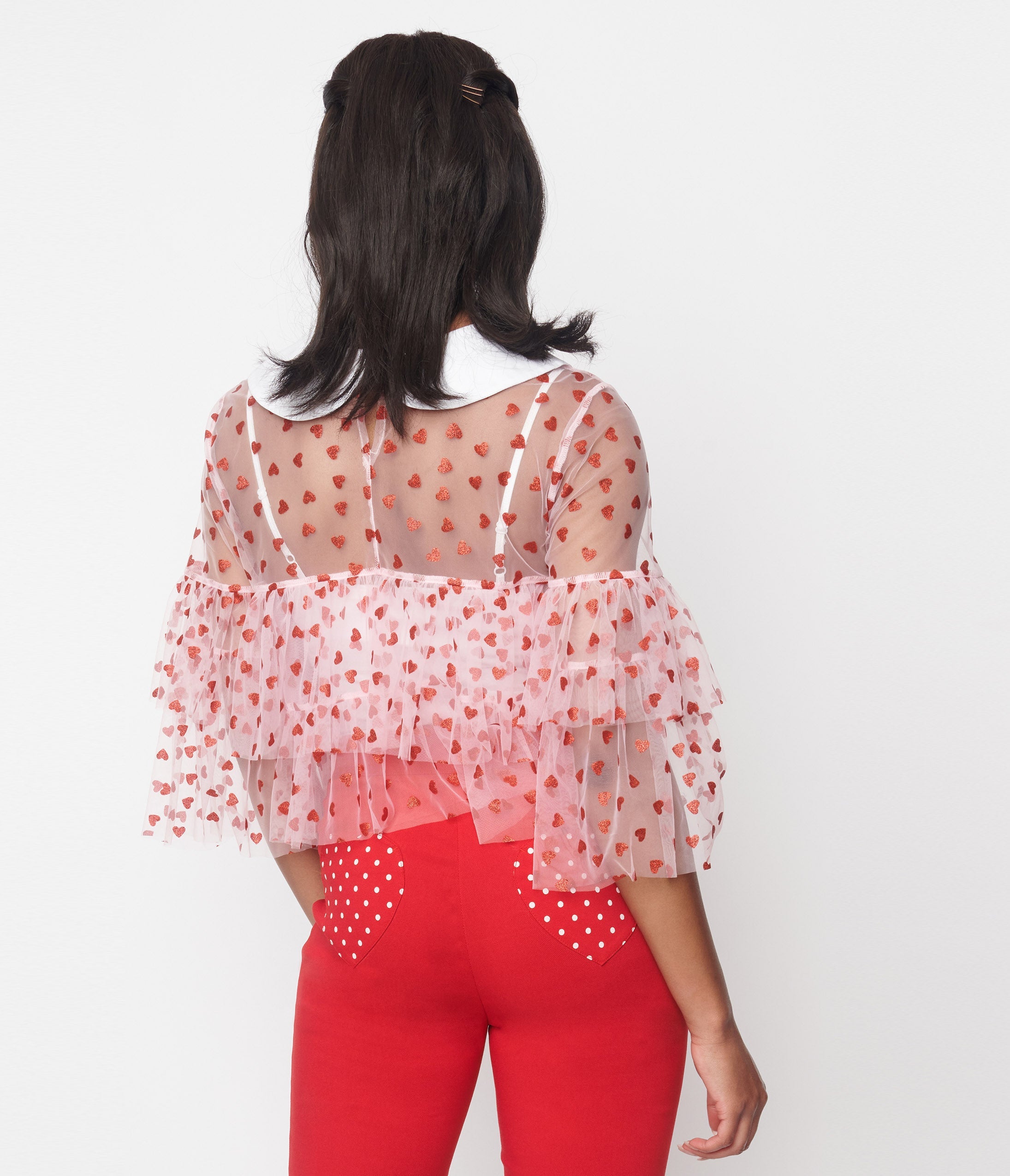 Smak Parlour Pink & Red Glitter Hearts Mesh Ruffle Top