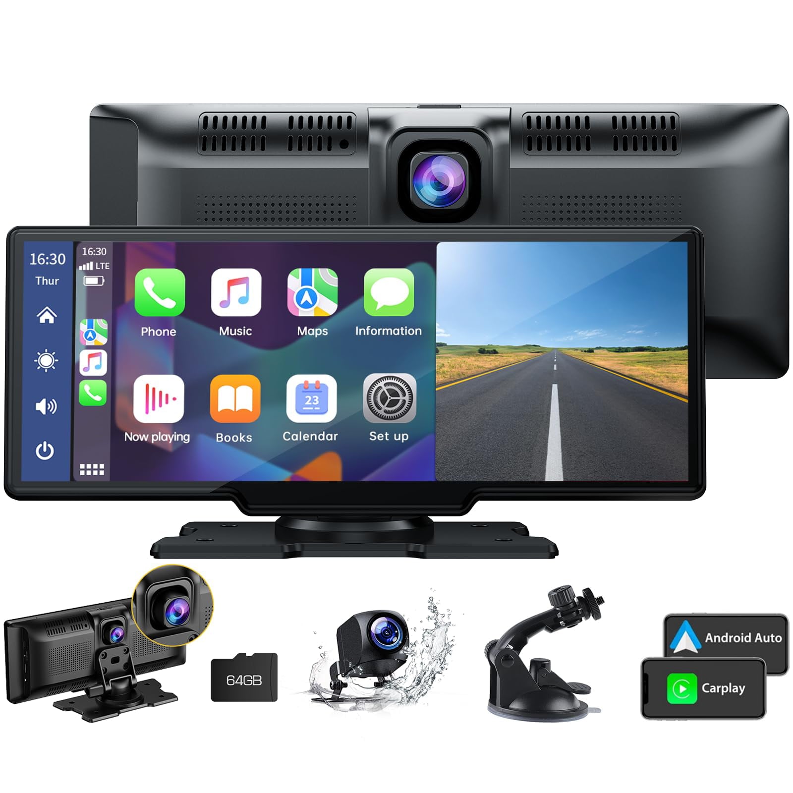 Lamtto RC06 9.26 Wireless Car Stereo Apple Carplay with 2K Dash Cam 1080P Backup Camera, Black