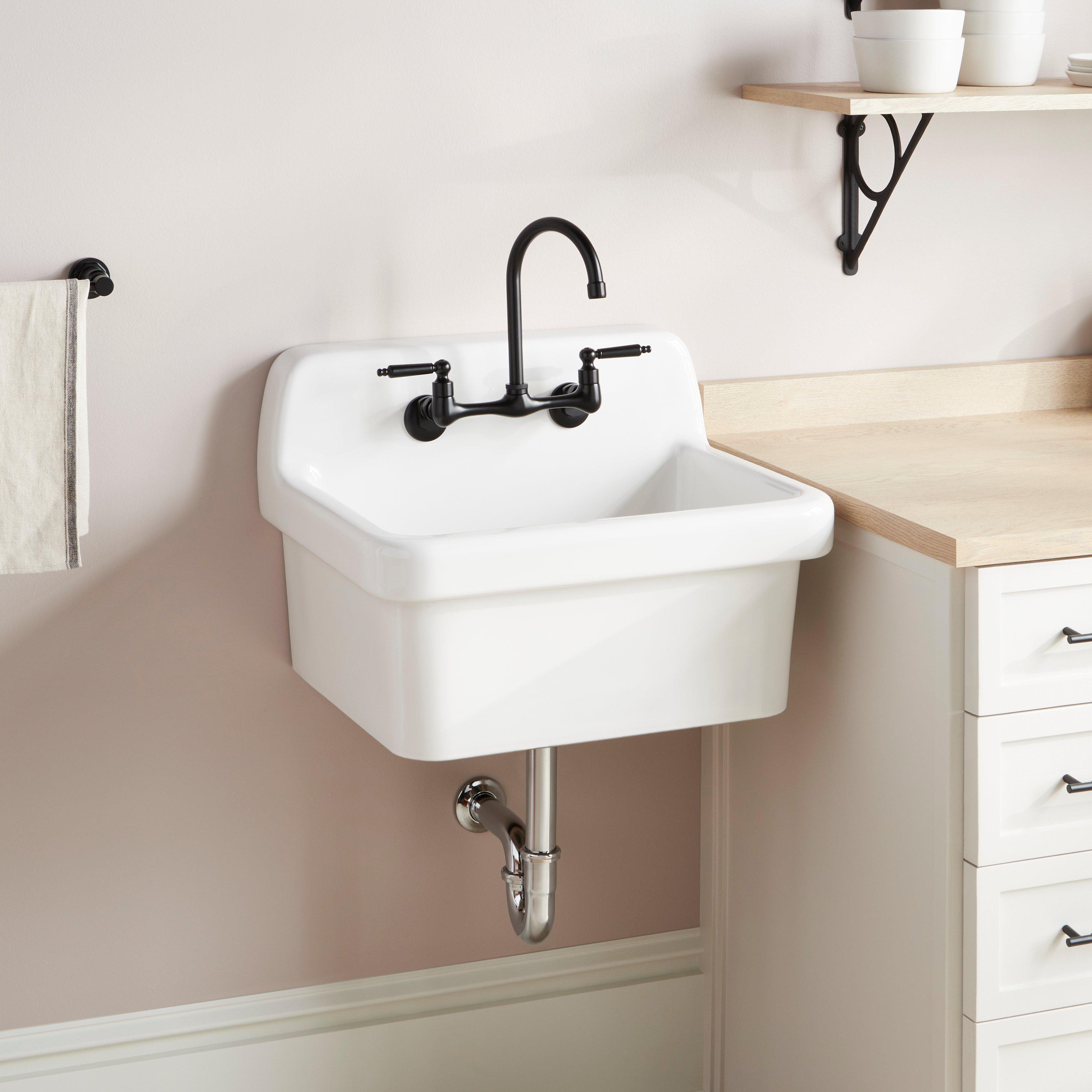 Signature Hardware 497599 Jessamy 24 Wall Mounted Single Basin Vitreous Utility Sink with Double Faucet Holes at 8 Centers