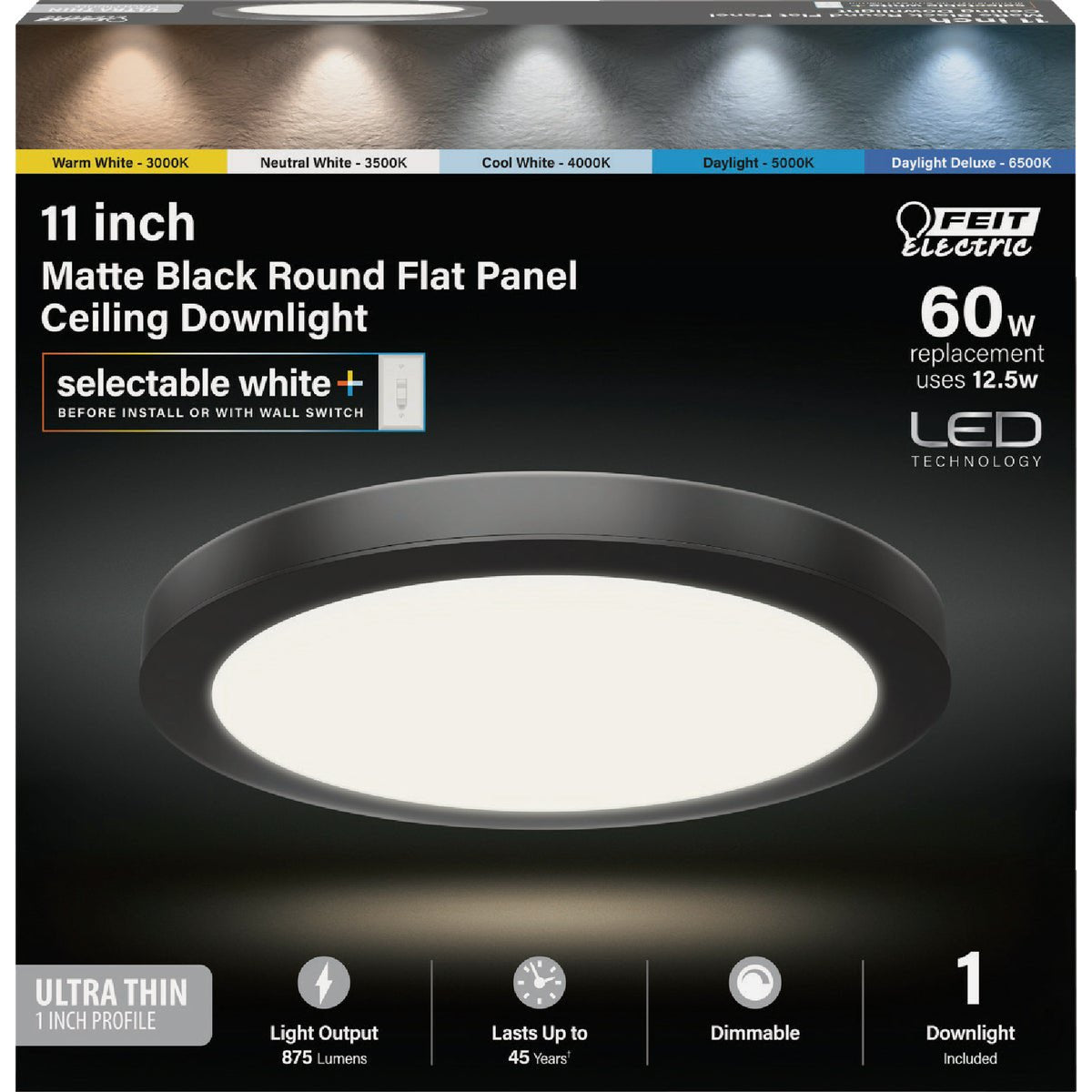 Feit Electric 126619 Edge-Lit 11 In. Matte Black Round 6-Way LED Flush Mount Light, 1