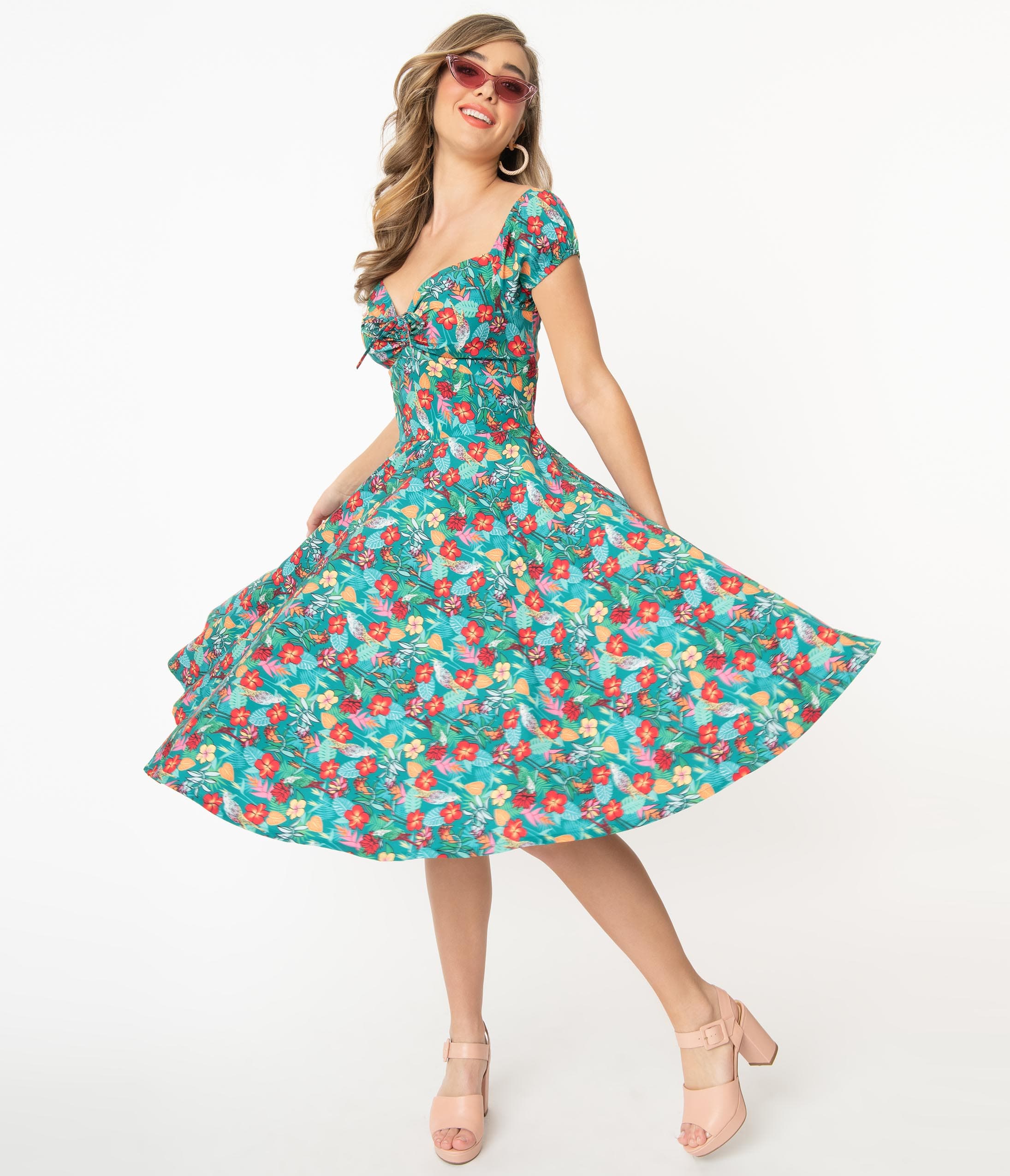 Teal & Multicolor Tropical Floral Print Preston Swing Dress