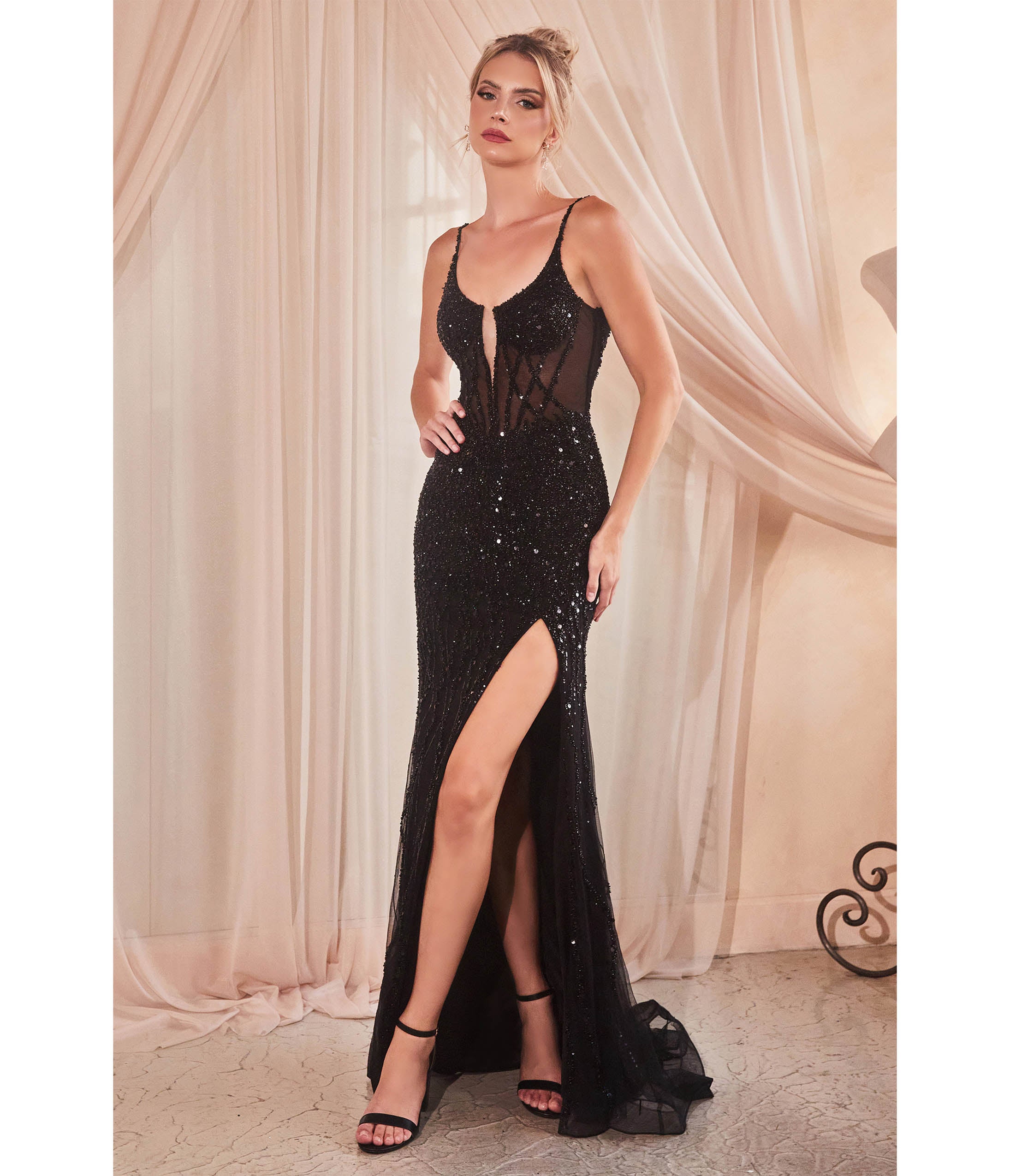 Ladivine by Cinderella Divine Black Sequin Beaded High Slit Fitted Prom Gown