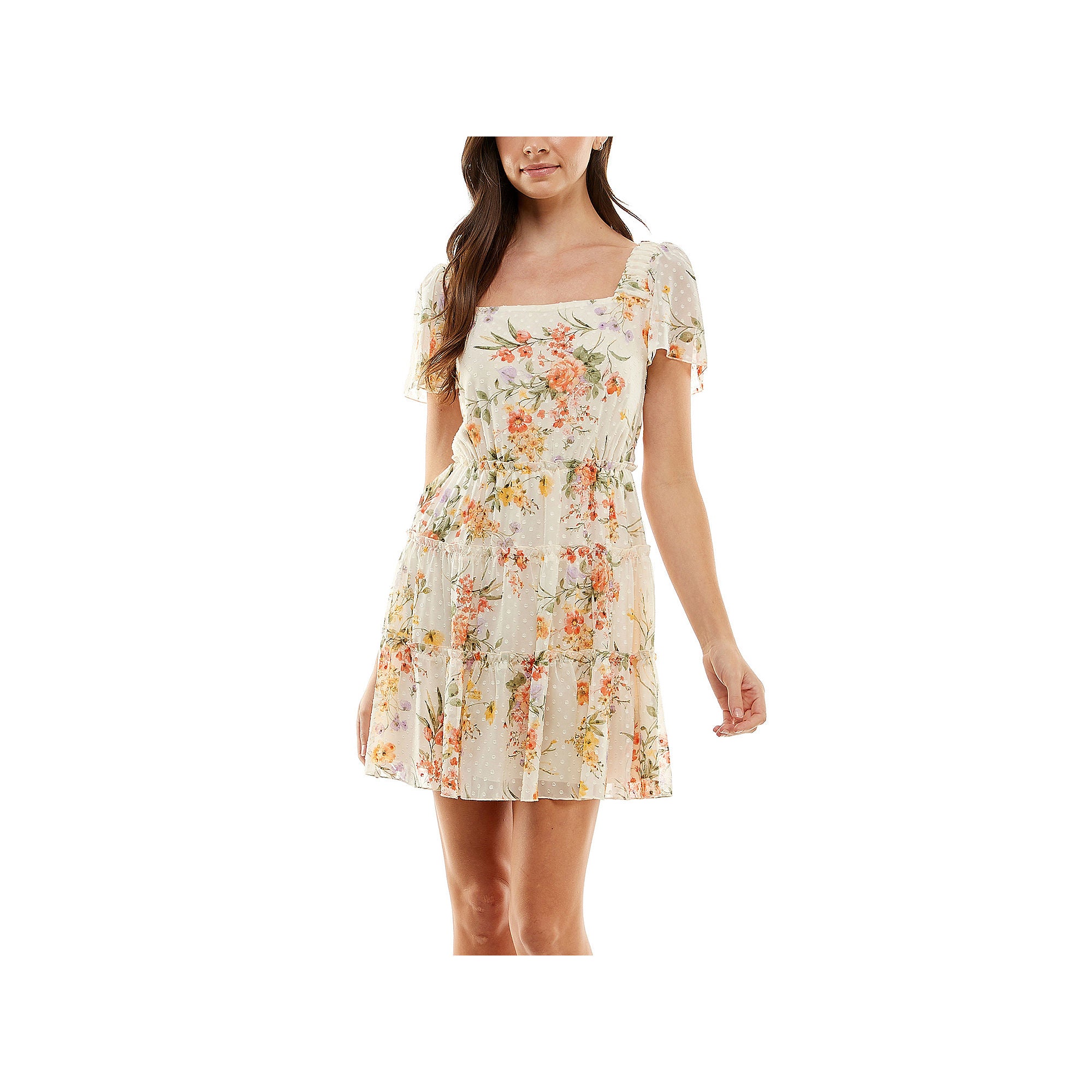 City Triangle Juniors Short Sleeve Floral Fit + Flare Dress - IVORY- PEACH 3