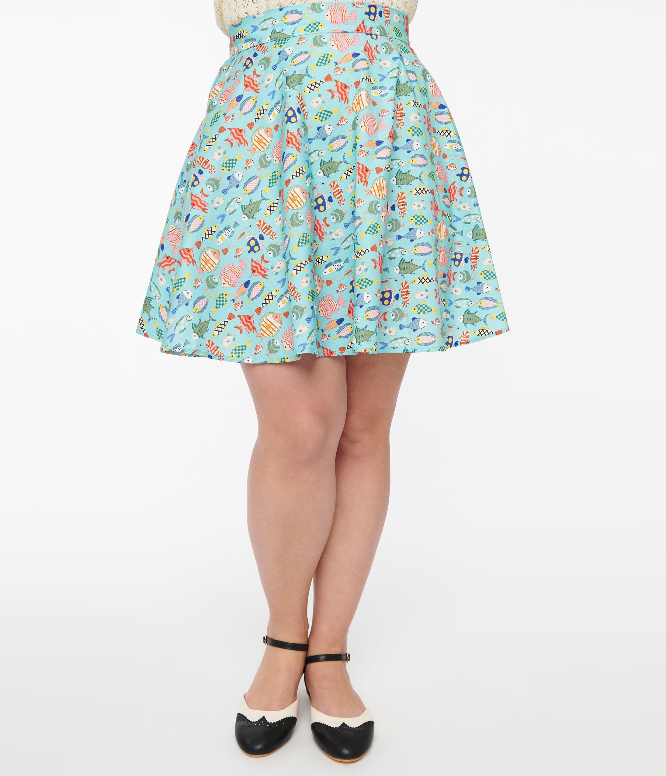 Retrolicious 1950s Blue & Multicolor Fish Print Cotton Skater Skirt