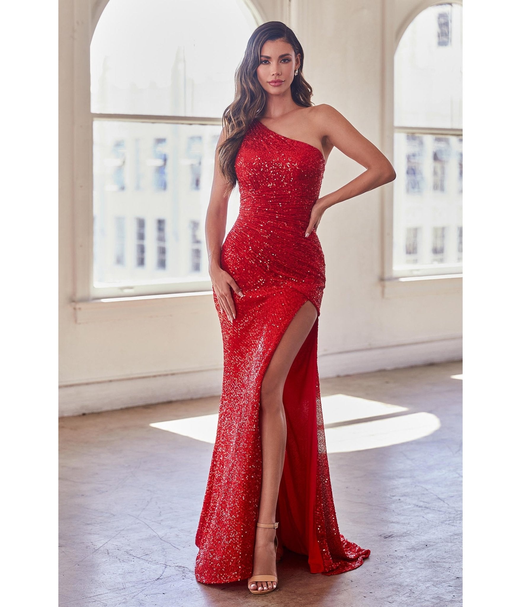 Ladivine by Cinderella Divine Red Sequin One Shoulder Slit Evening Gown